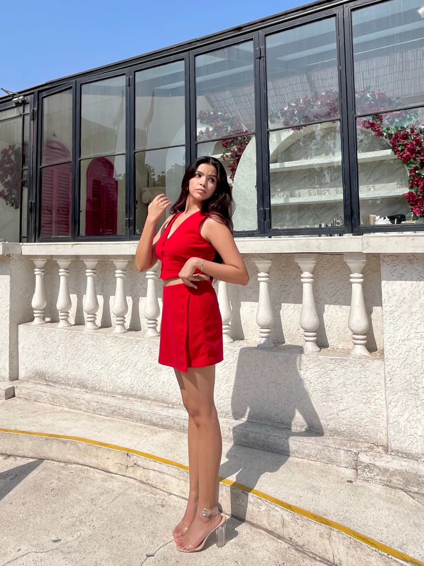 Crimson Red Lycra Vest & Skort Set