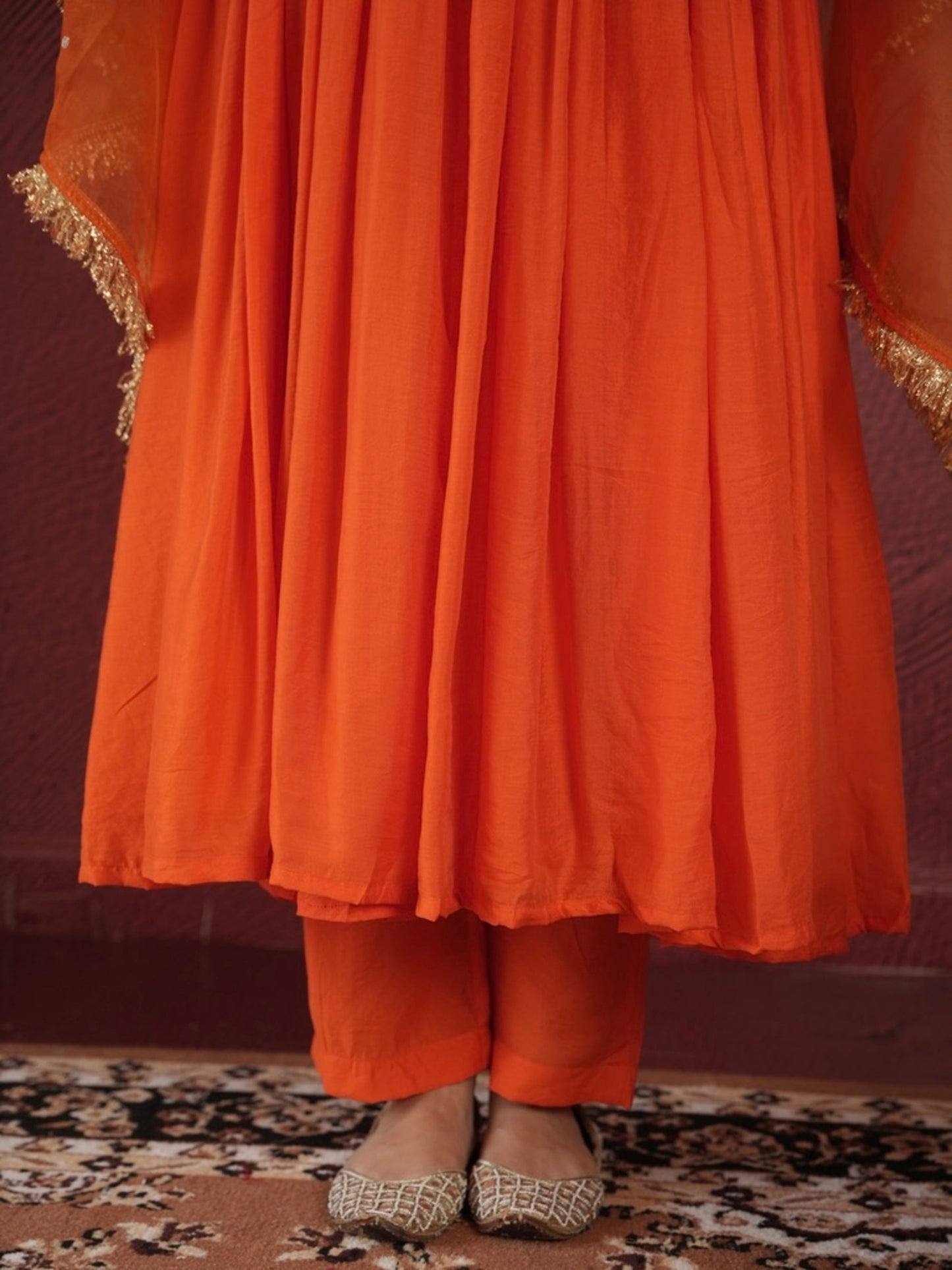 Chaand Orange Chanderi Aariwork Anarkali Suit Set