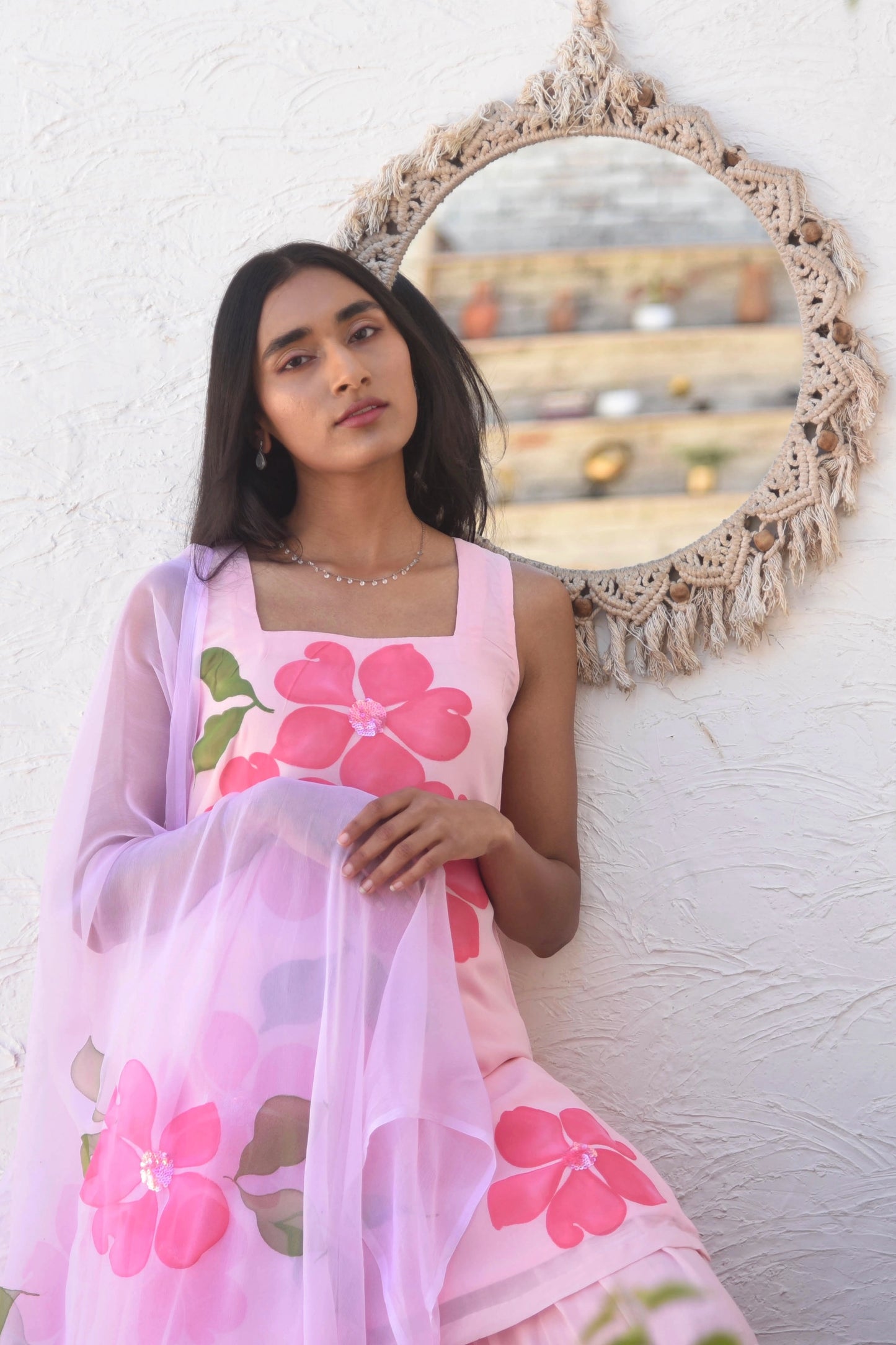 Handpainted Flora Georgette Sharara Set in Pink