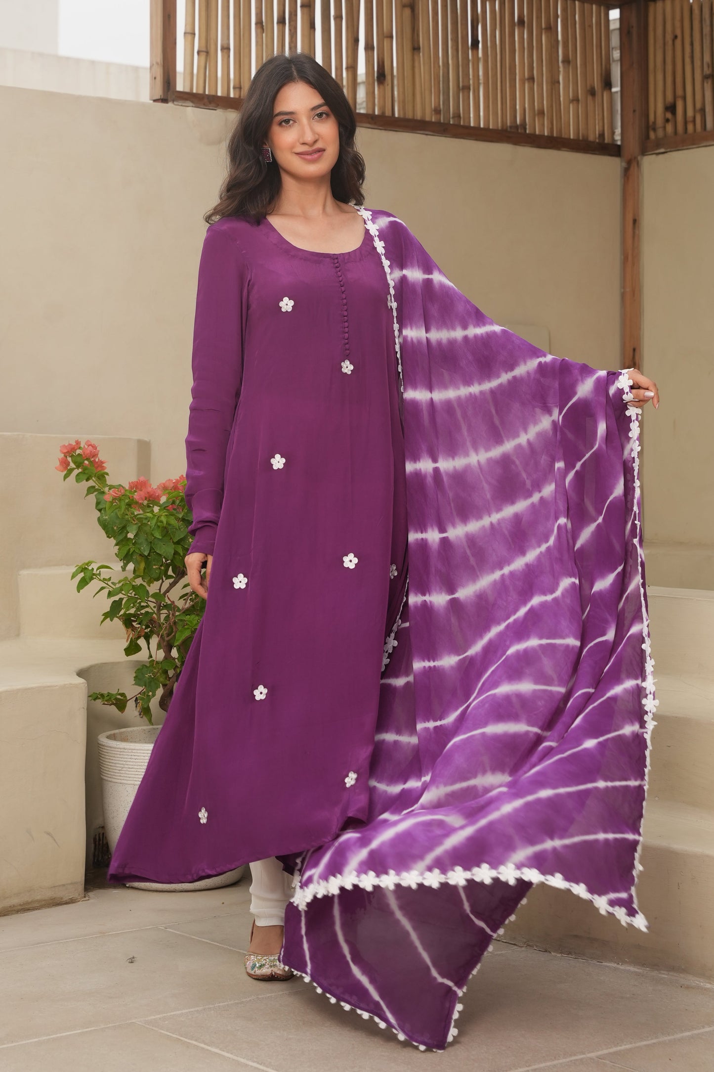 Lillian Purple Cotton Crush Straight Suit Set