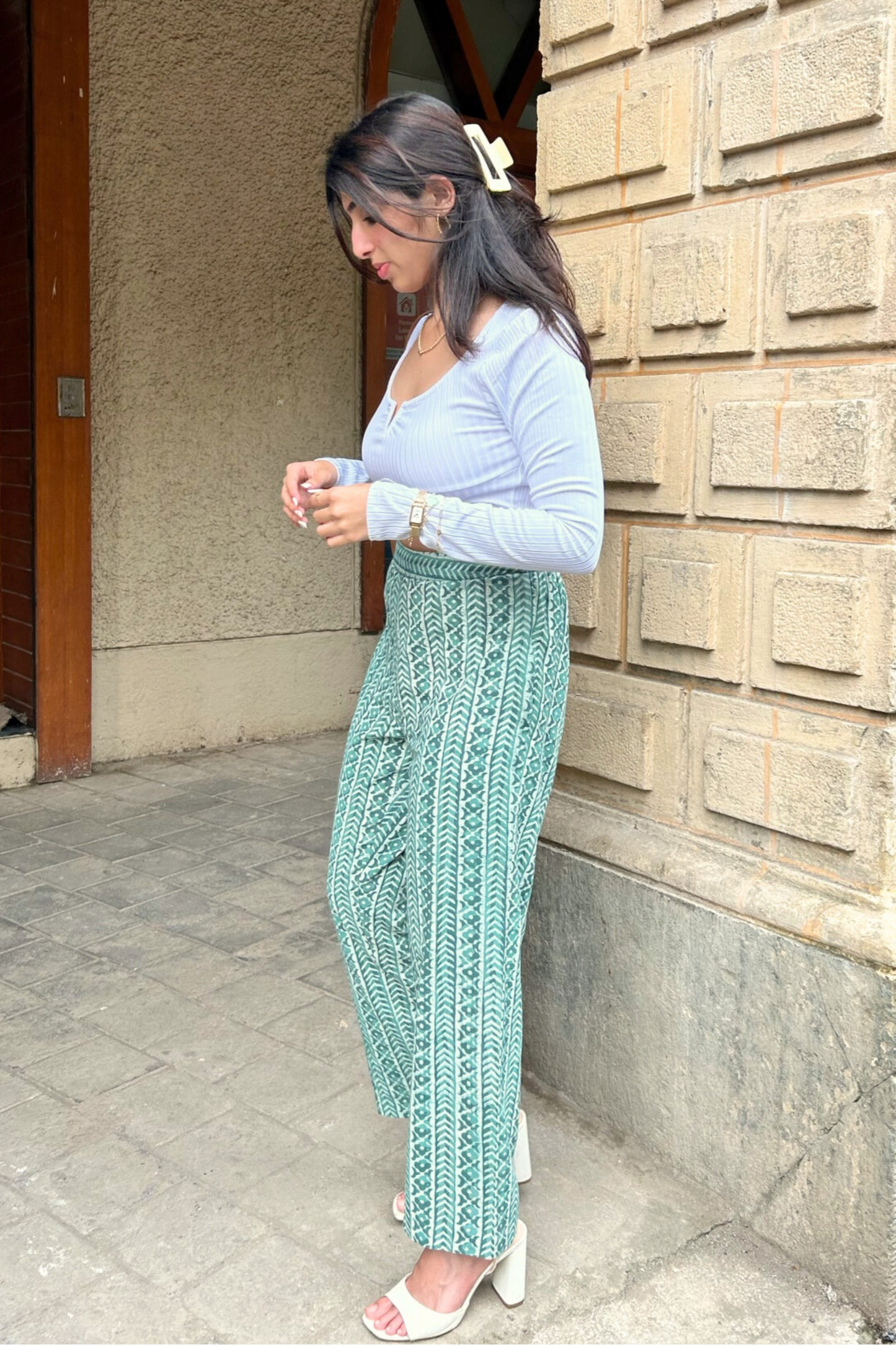 Sage Green Hand-Block Printed Pants with Pockets