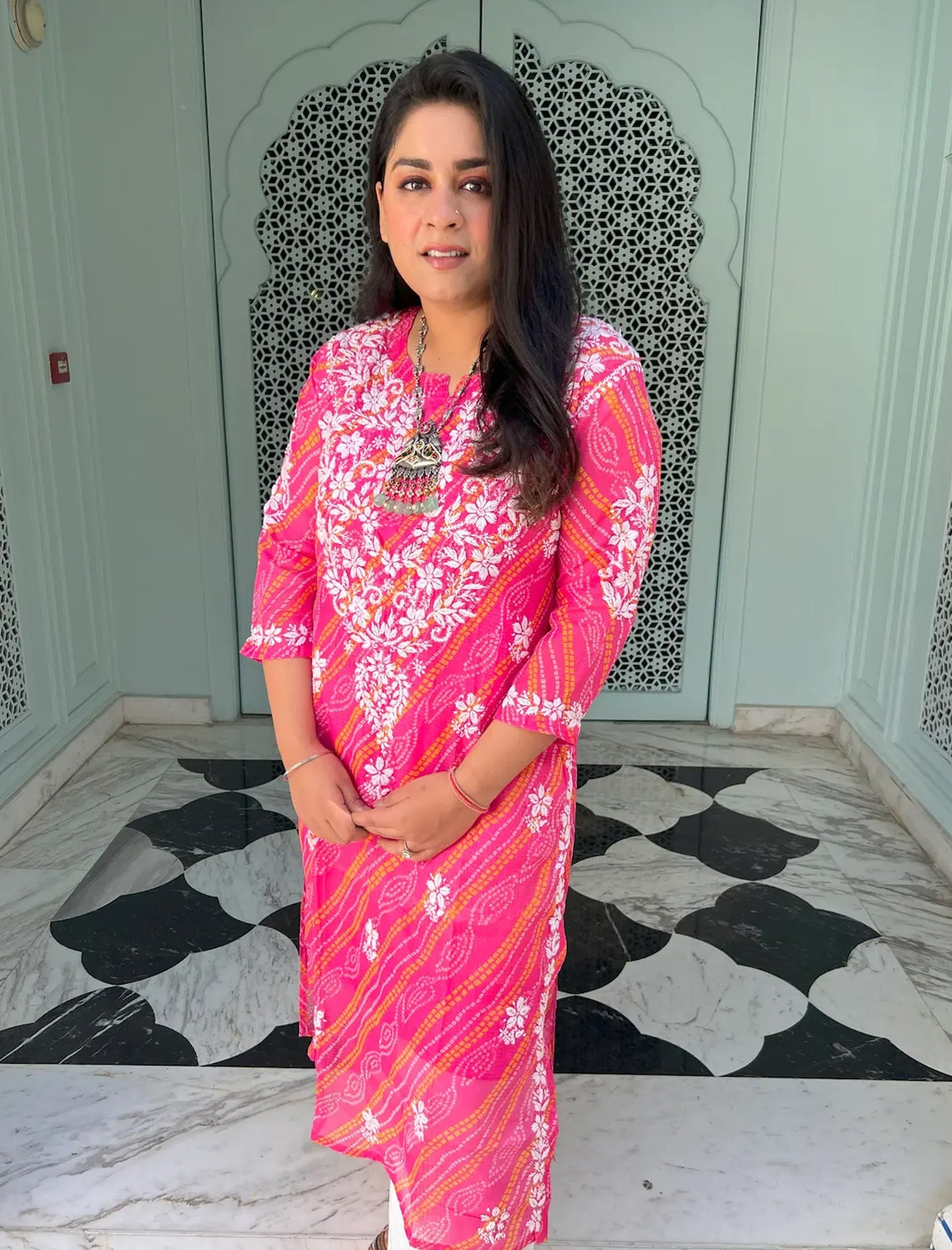 Farhad Gulab Bandhej-Chikan Kurta