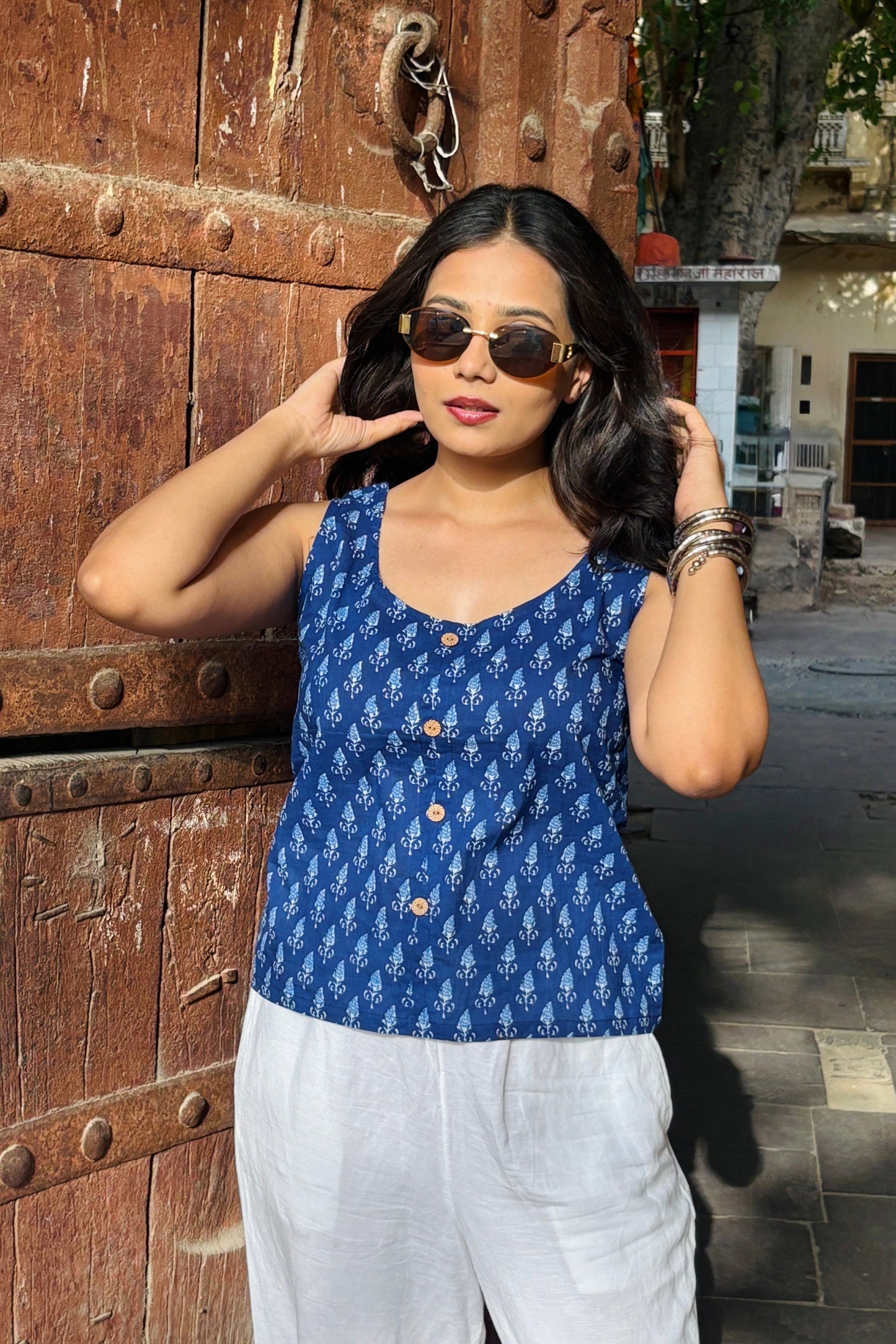 Ivory Blue Cotton Crop Shirt