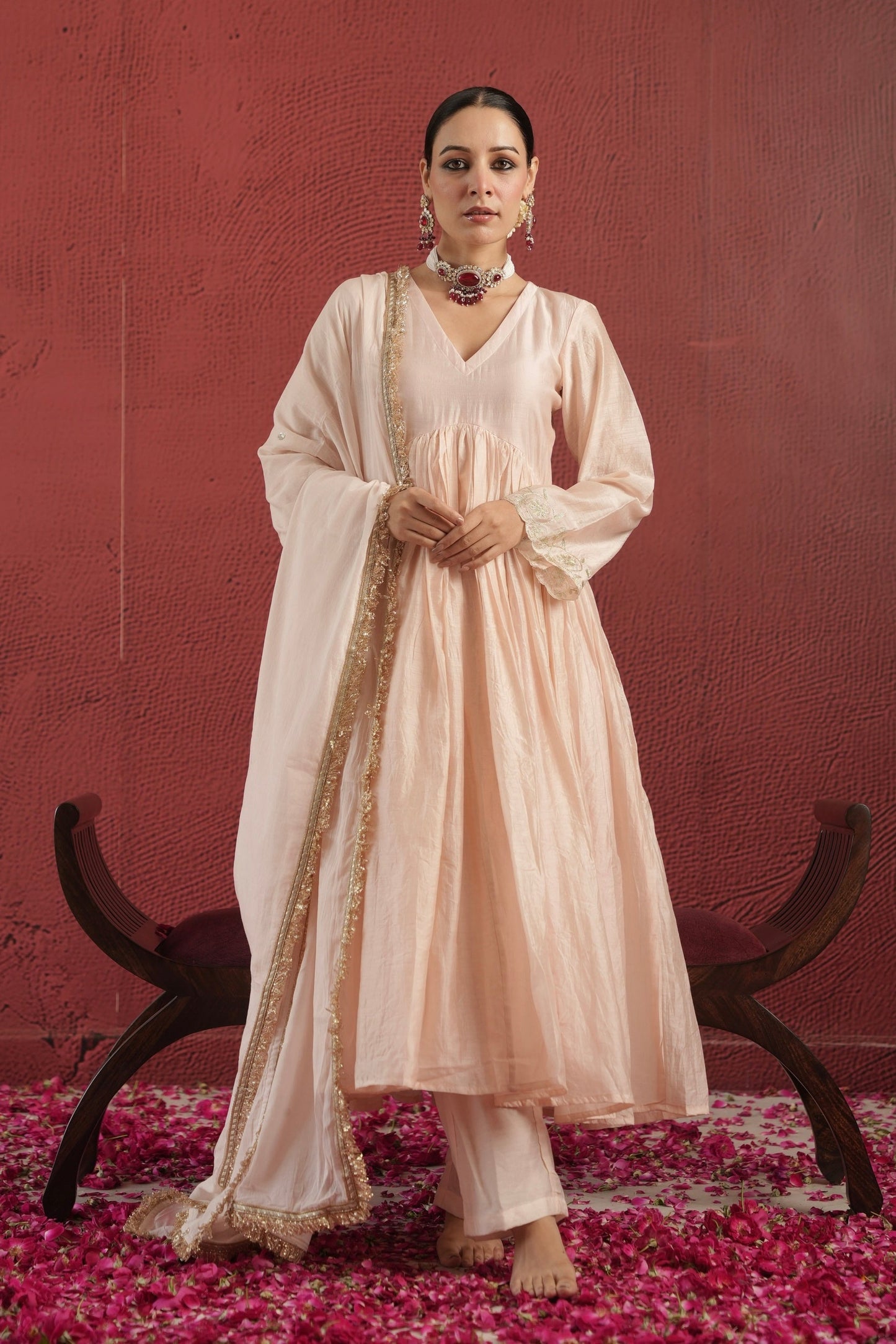 Chaand Hand-dyed Dust Peach Chanderi Aariwork Anakrkali Set