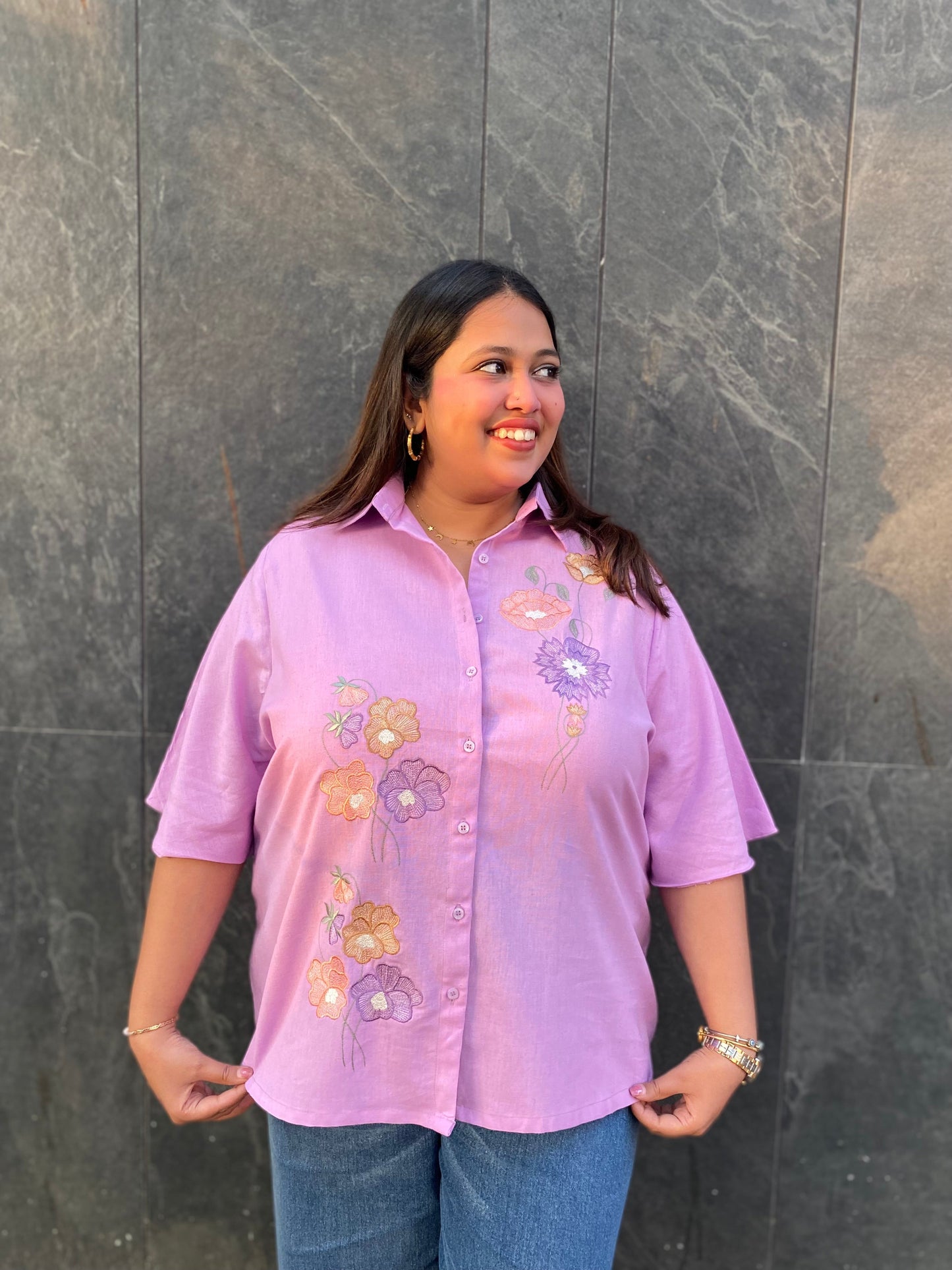 Purple Blossom Embroidered Cotton Shirt