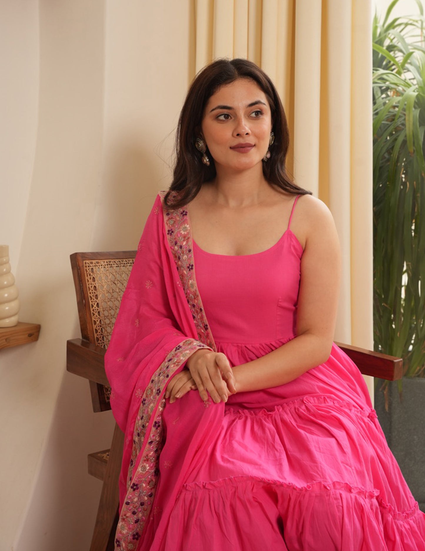Ariel Pink Cotton Flare Anarkali Set with Sequin Work Dupatta