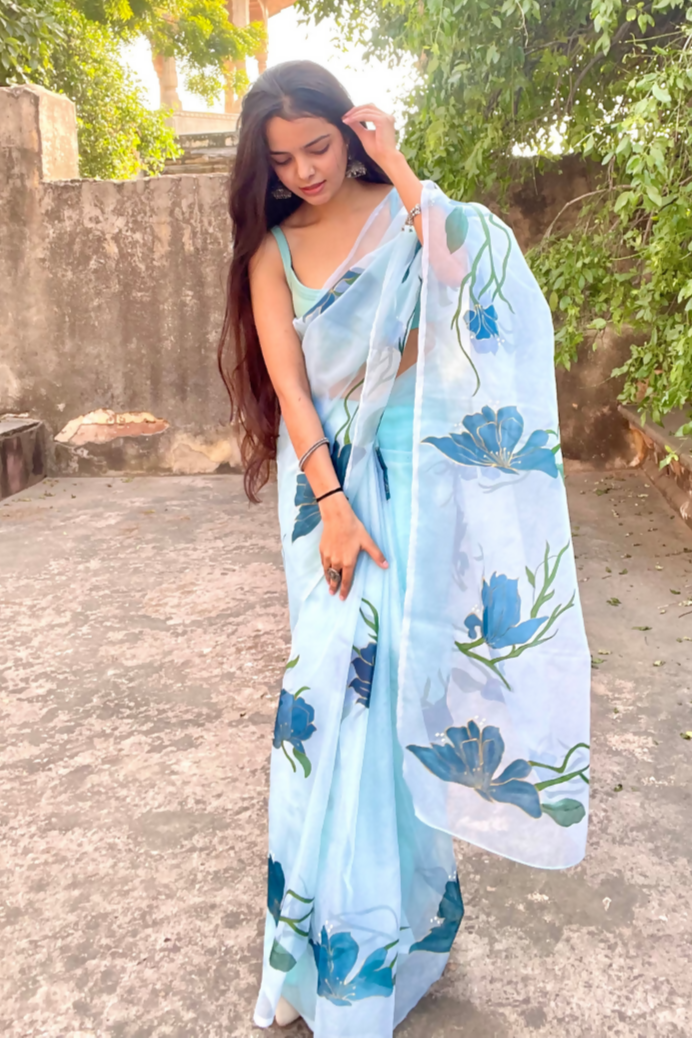 topaz teal 'aarzoo' hand-painted saree (2)