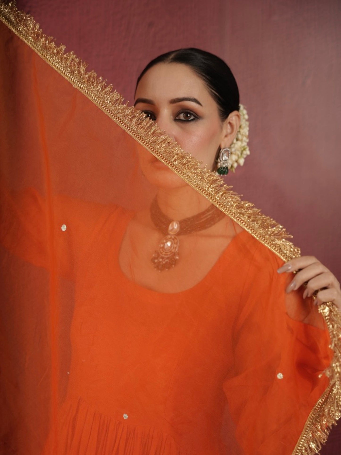 Chaand Orange Chanderi Aariwork Anarkali Suit Set