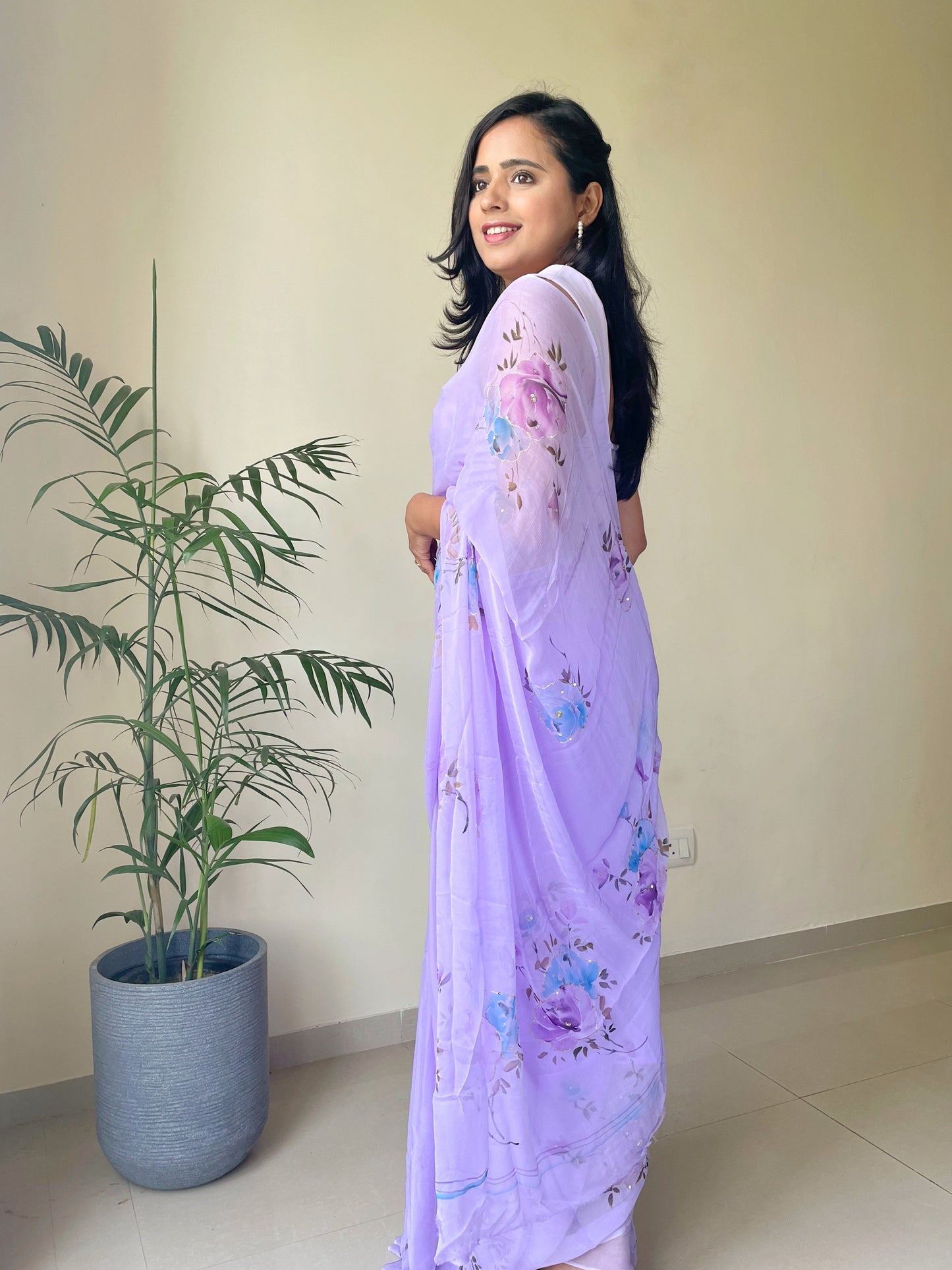 Rose Handpainted Chiffon Saree