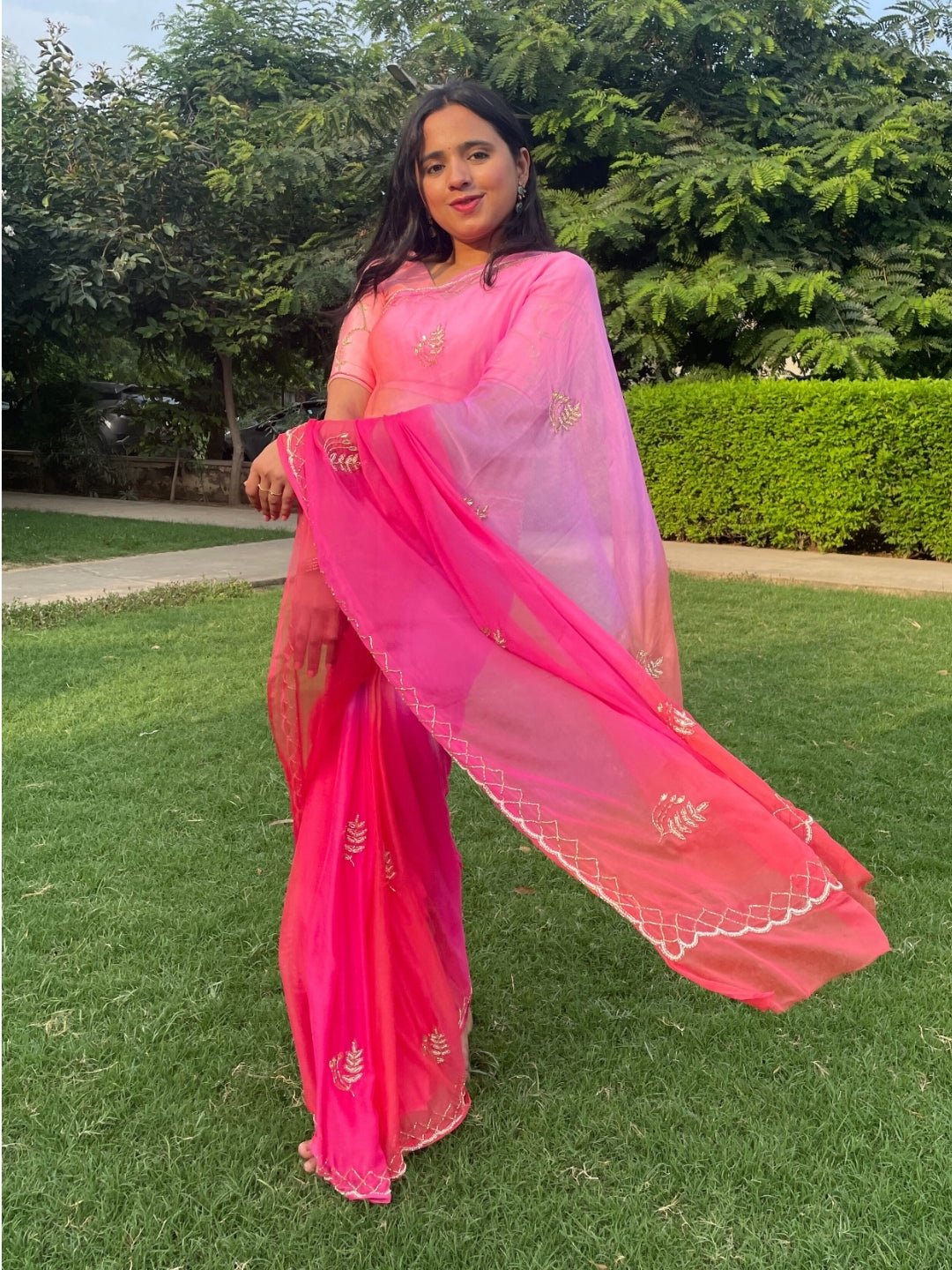 Rani Ombre Shades of Pink Pre Pleated Chiffon Saree