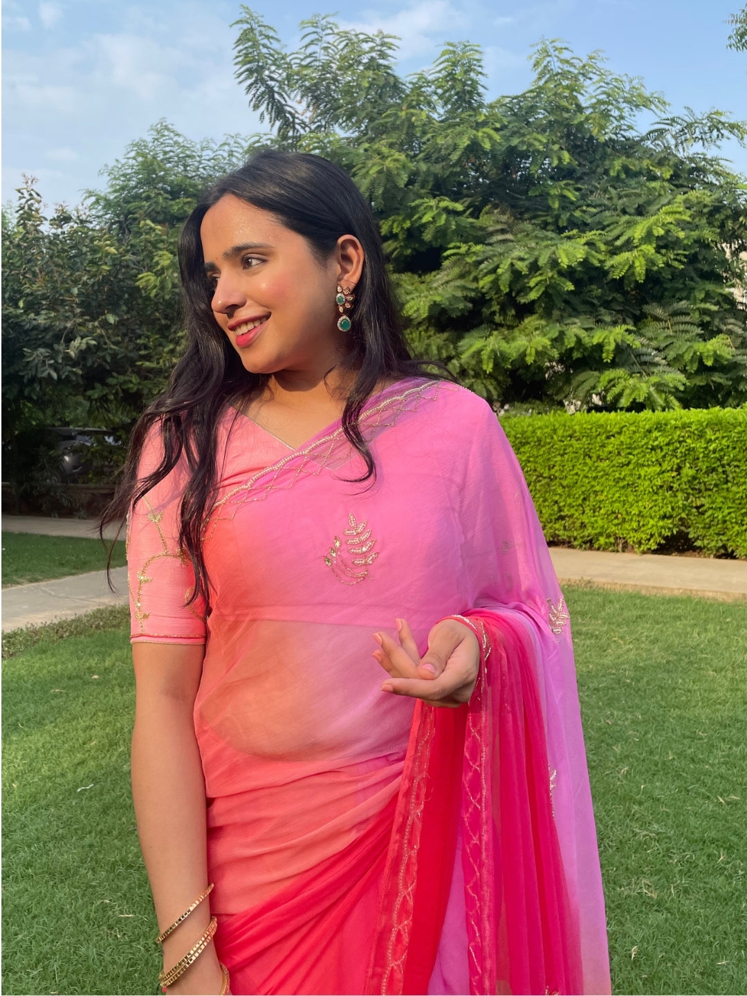Rani Ombre Shades of Pink Pre Pleated Chiffon Saree