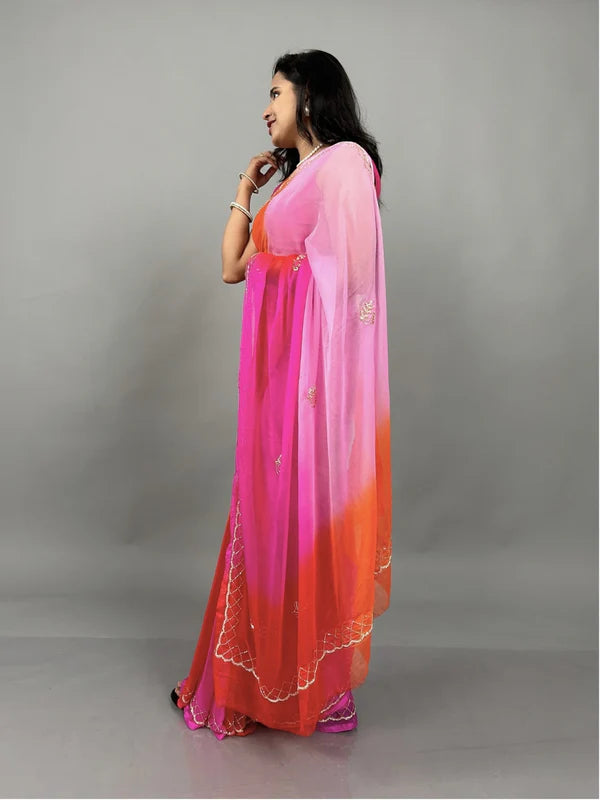 Rani Ombre Shades of Pink Pre Pleated Chiffon Saree