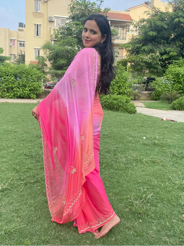Rani Ombre Shades of Pink Pre Pleated Chiffon Saree
