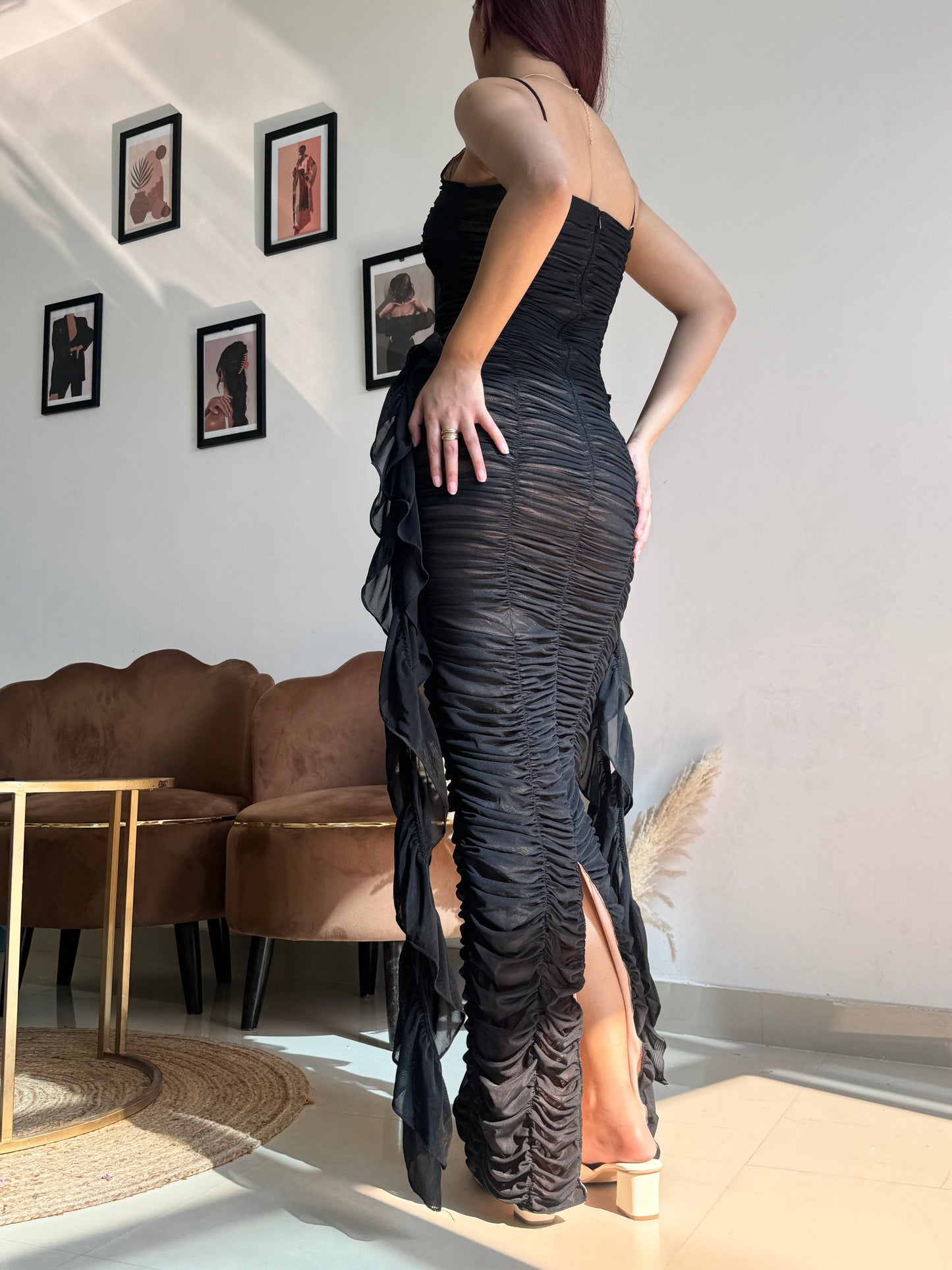 Black Strappy Side Ruffle Dress