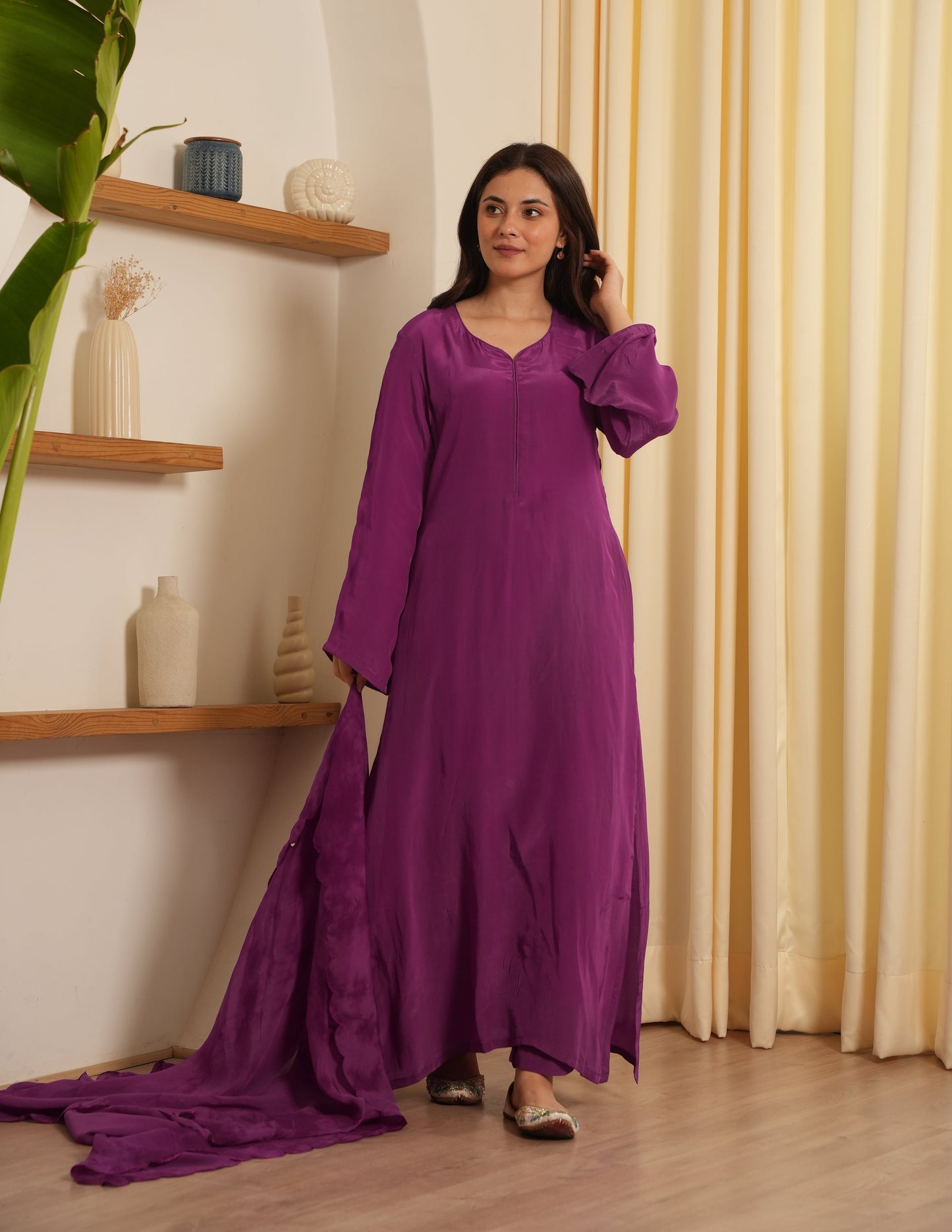 Purple Silk Shibori Mirror Work Staright Suit Set