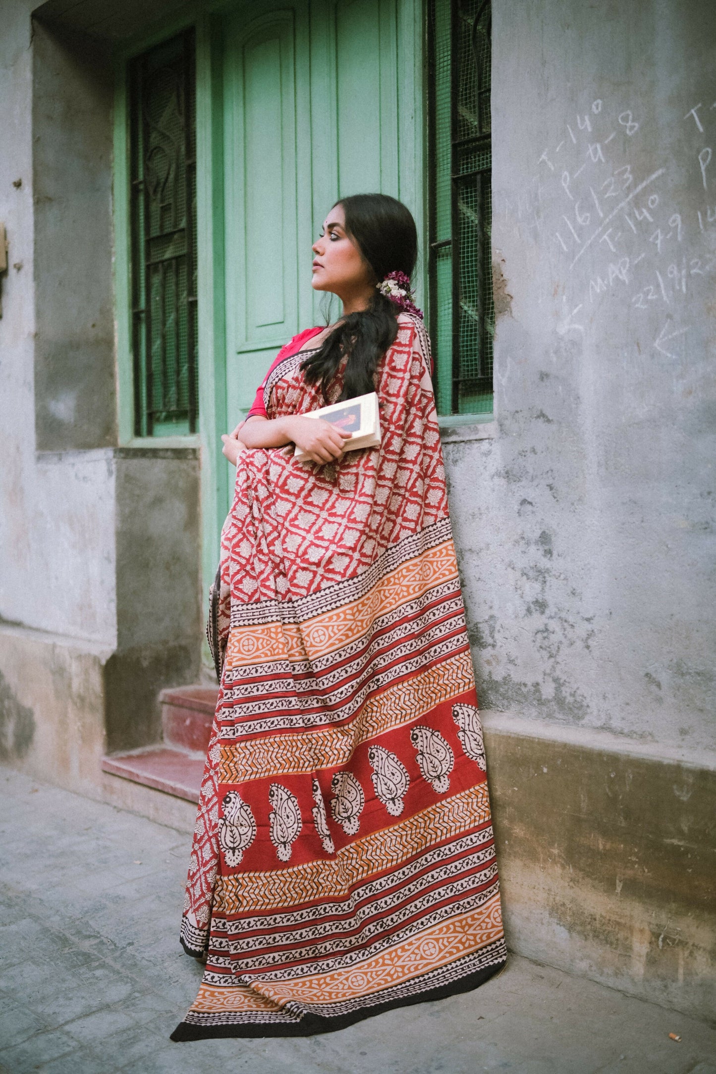 Brick Red Bagru Mul-Cotton Saree