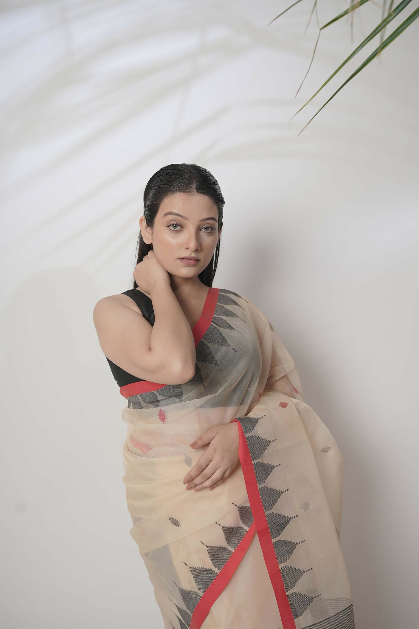 Rani Mahal I Beige Silk Handloom Saree With Red Border
