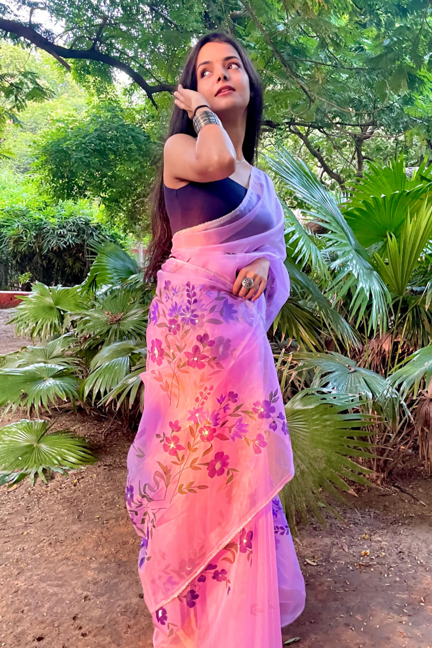 lavender 'bahaar' hand-painted saree (1)