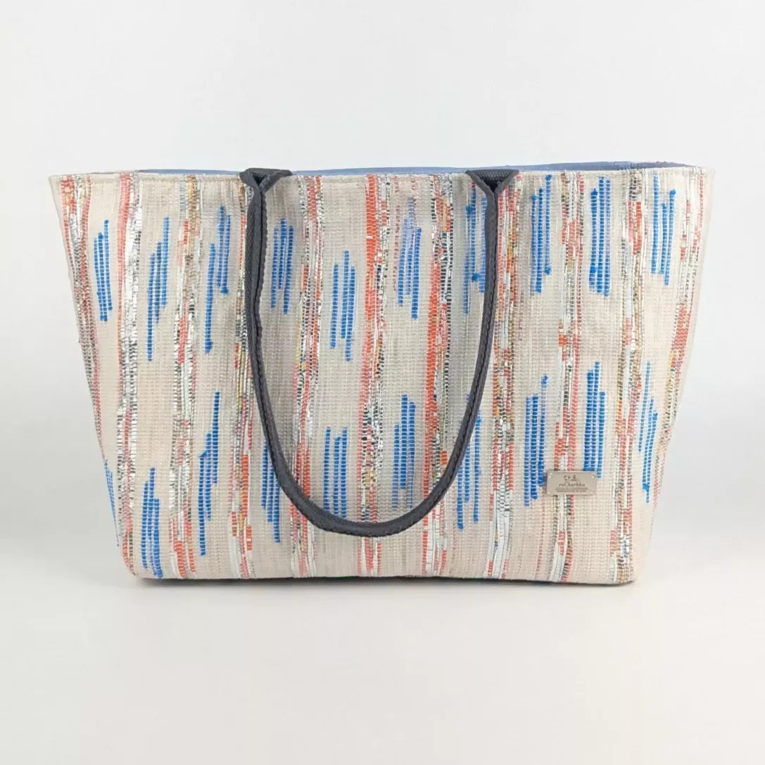 WHite_with_Red_Bands_and_Blue_Ikkat_Pattern_Upcycled_Handwoven_Designer_Office_Tote_OTD0225-007_PS_W