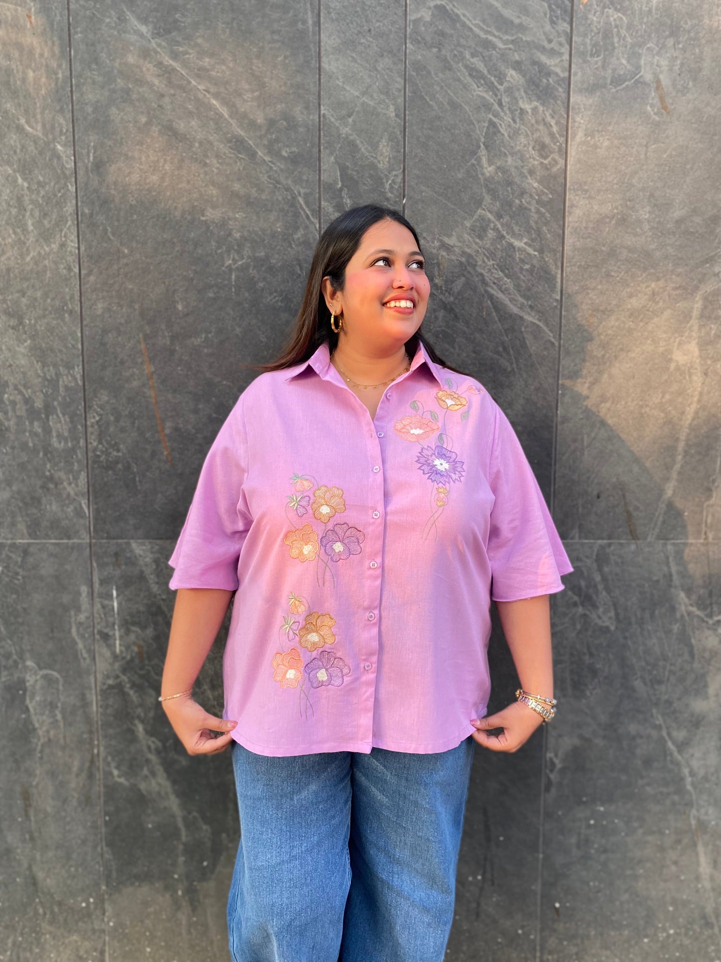 Purple Blossom Embroidered Cotton Shirt