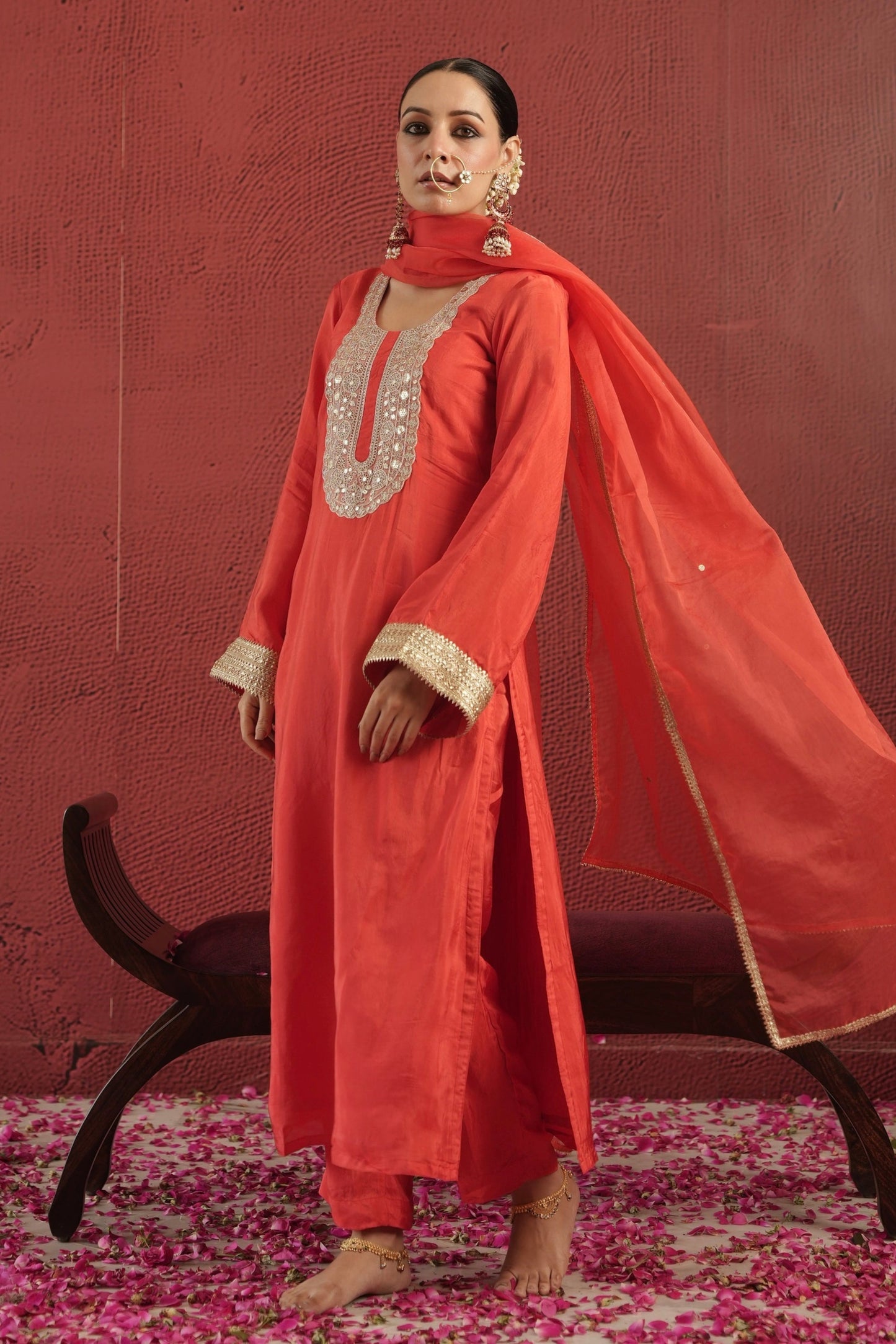 Chaand Hand-dyed Red Silk Zariwork Suit Set