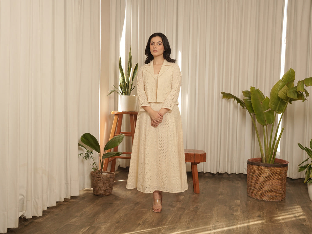 White Rose Cotton Dress With Jacket