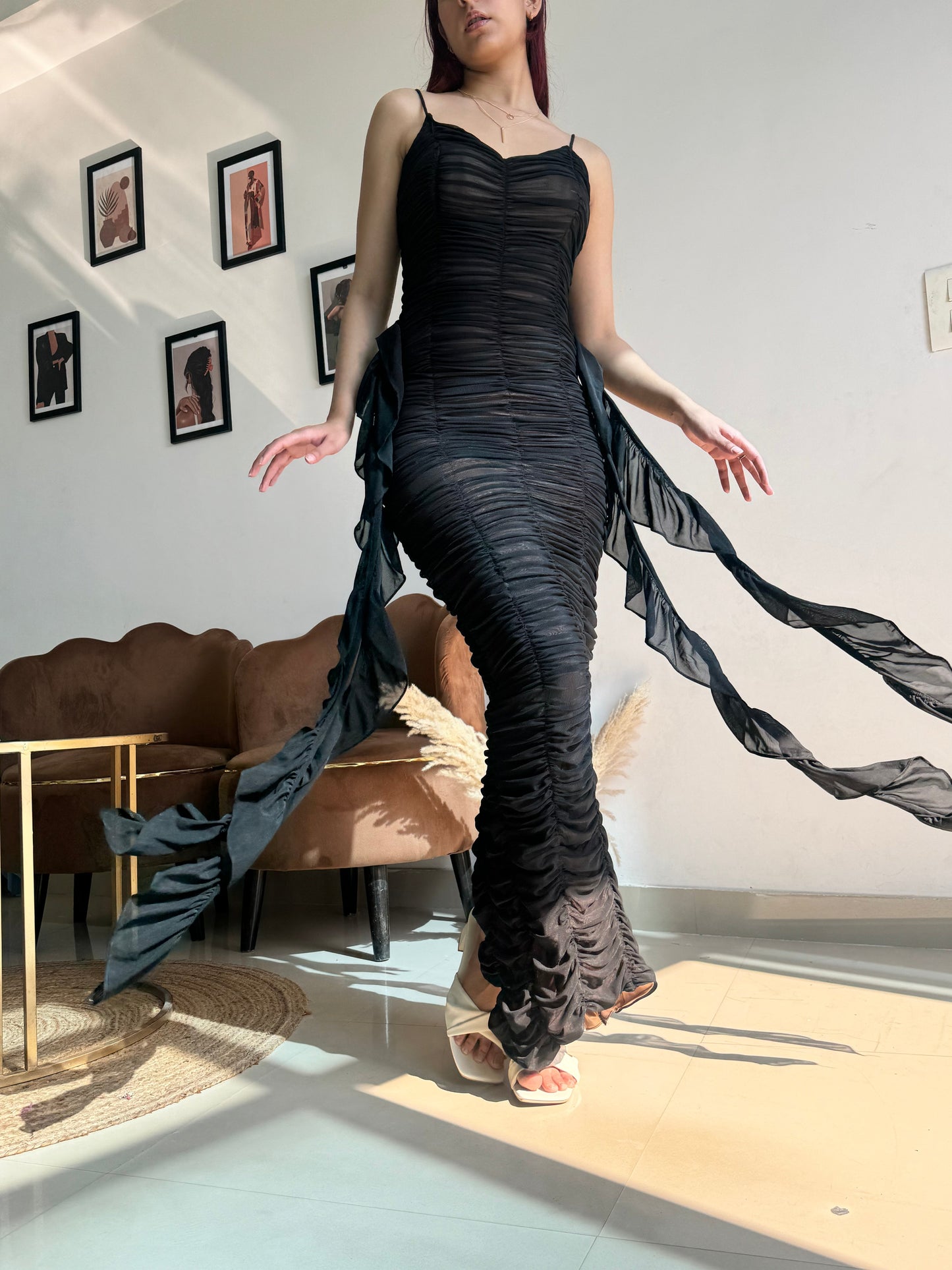 Black Strappy Side Ruffle Dress
