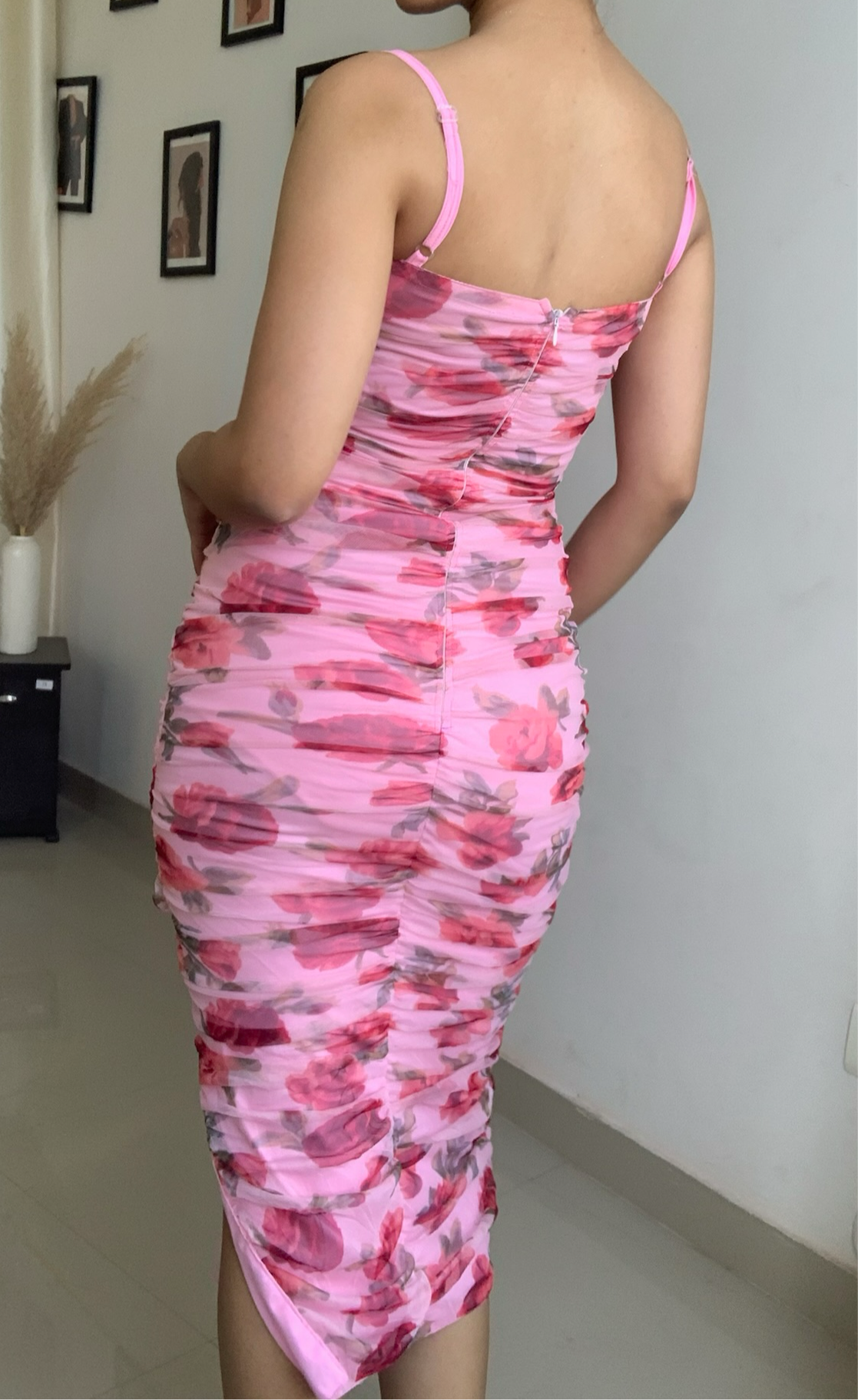 Rosy Ruched Floral Pink Dress