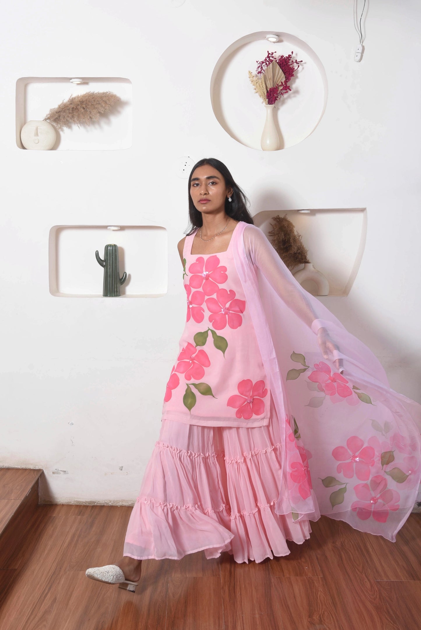 Handpainted Flora Georgette Sharara Set in Pink