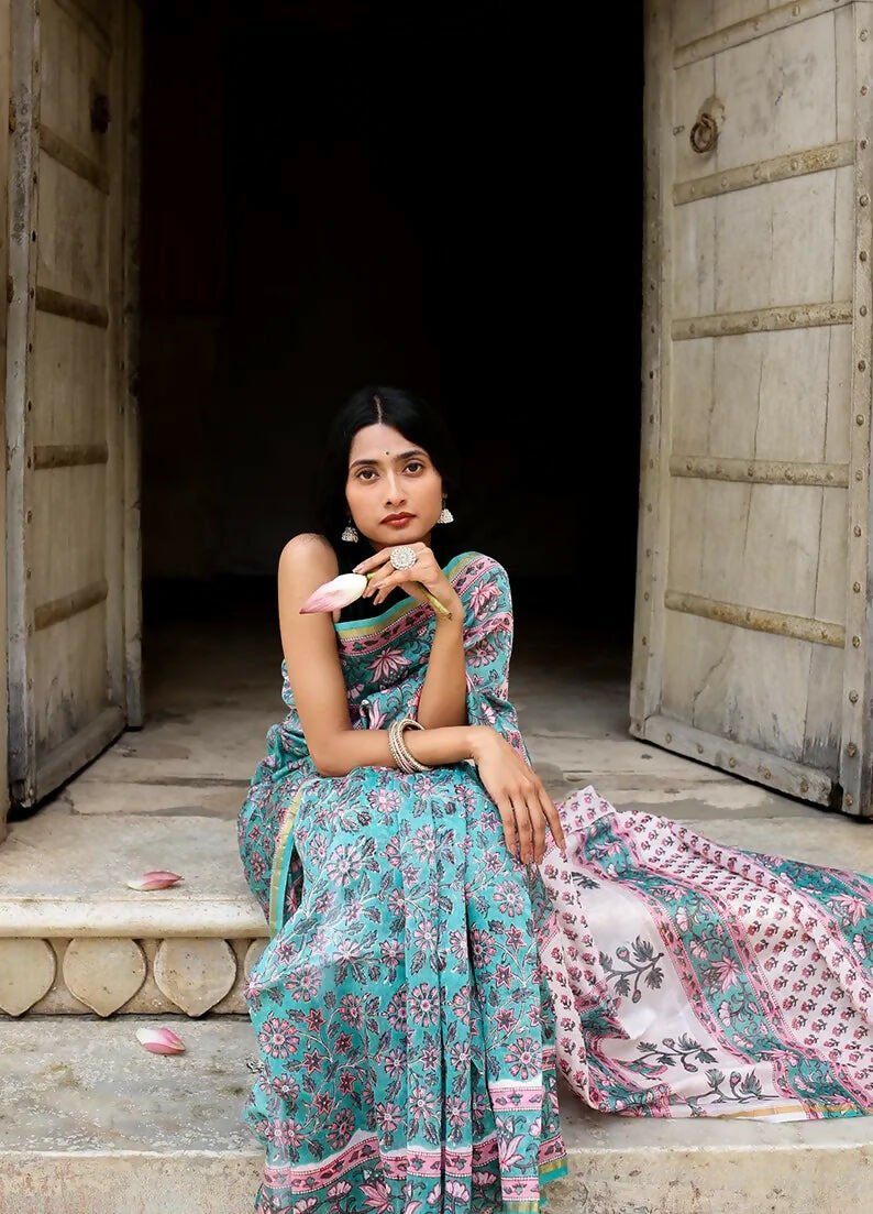 Daisies Through My Window - Hand Block Print Chanderi Silk Saree