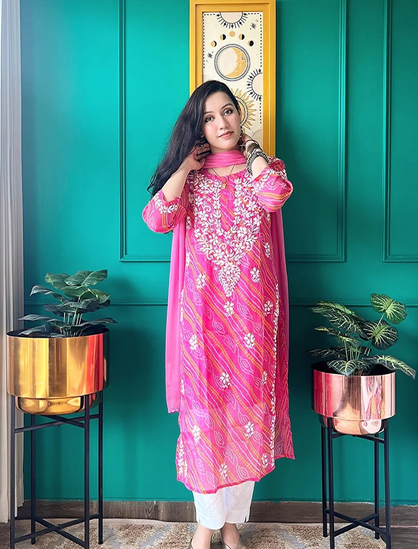 Farhad Gulab Bandhej-Chikan Kurta