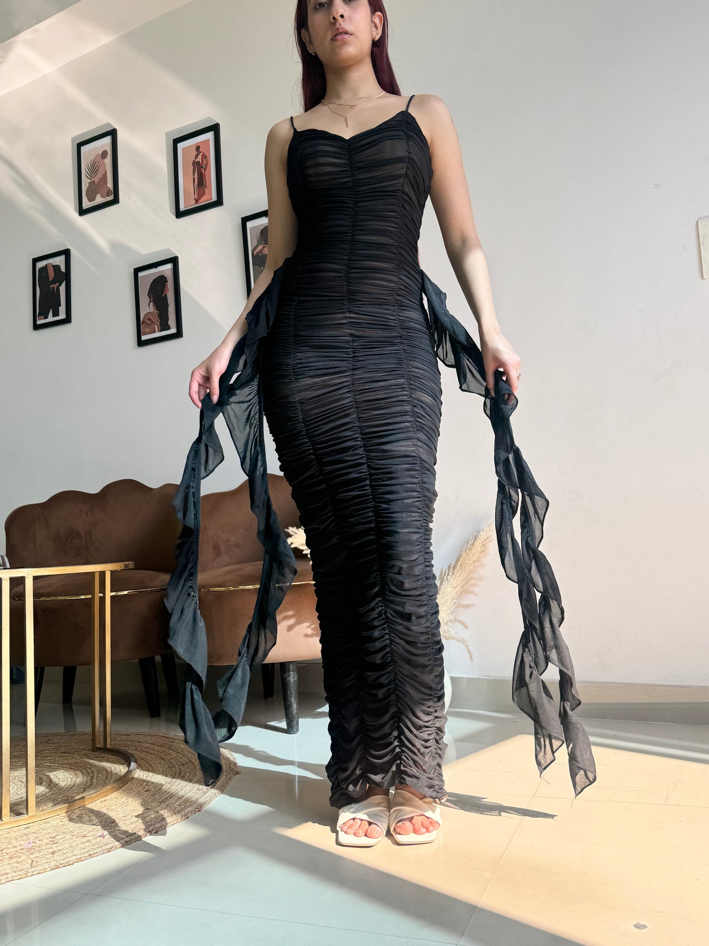 Black Strappy Side Ruffle Dress