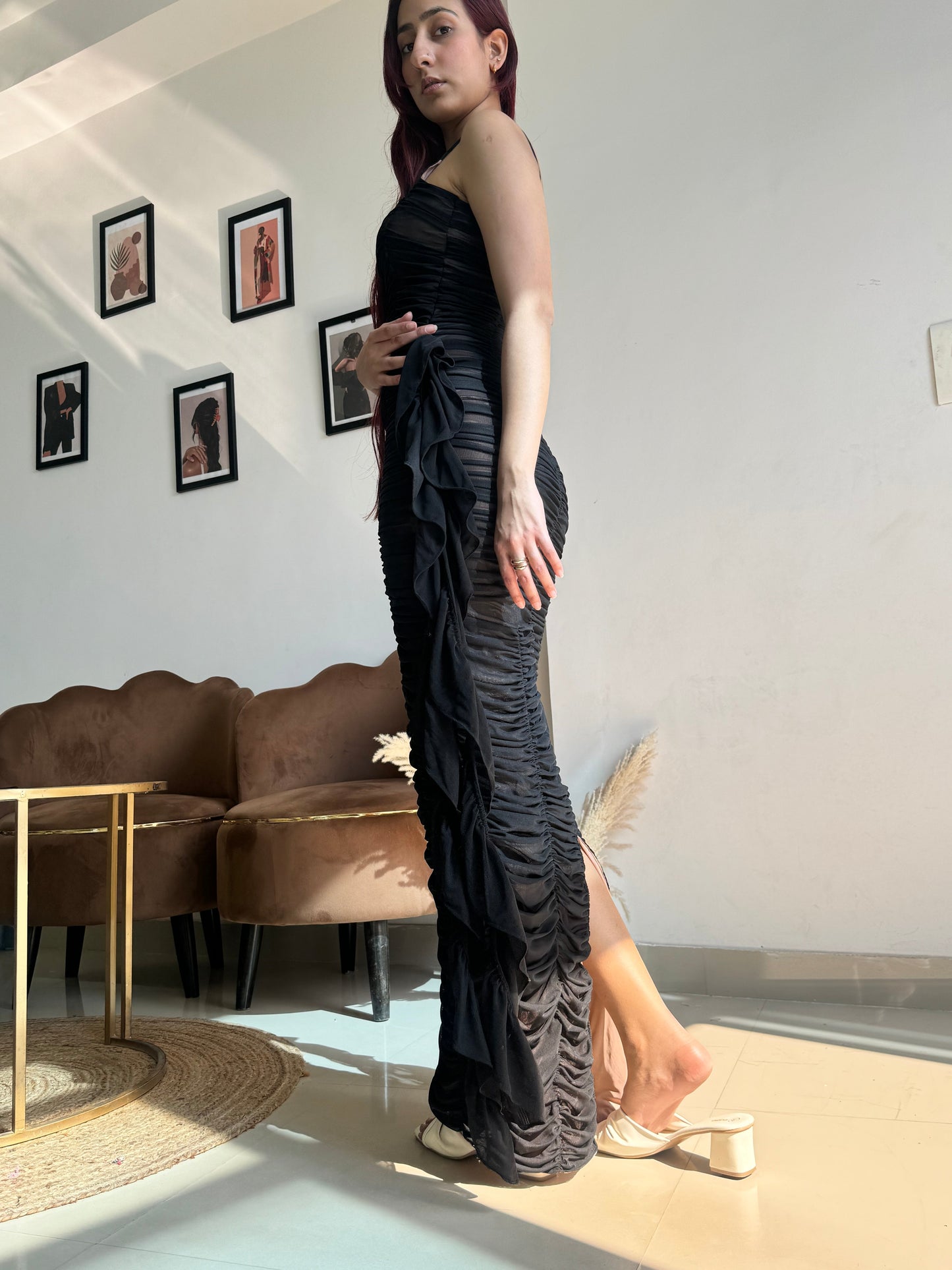 Black Strappy Side Ruffle Dress