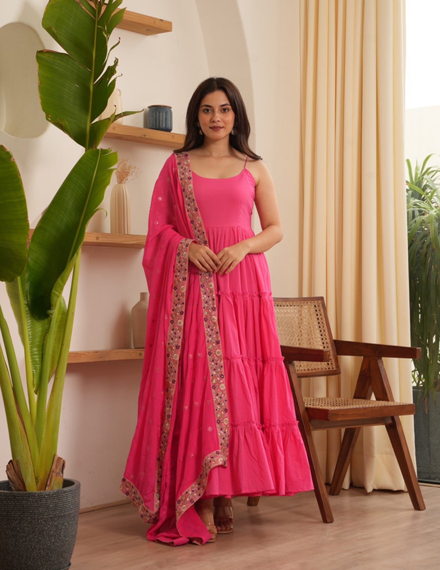 Ariel Pink Cotton Flare Anarkali Set with Sequin Work Dupatta