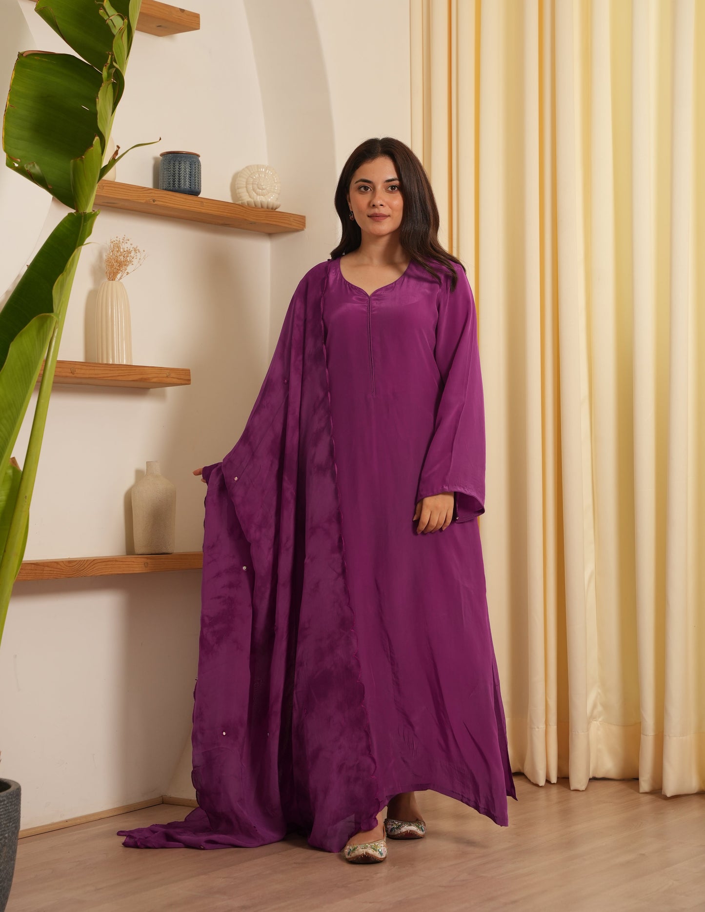 Purple Silk Shibori Mirror Work Staright Suit Set