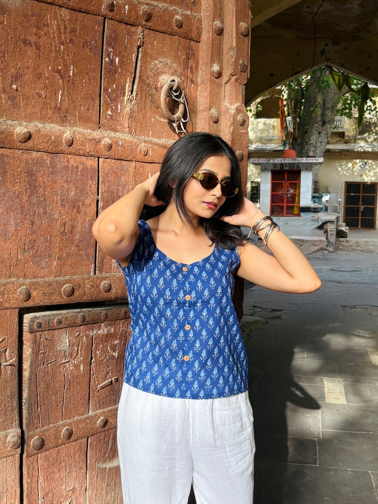 Ivory Blue Cotton Crop Shirt