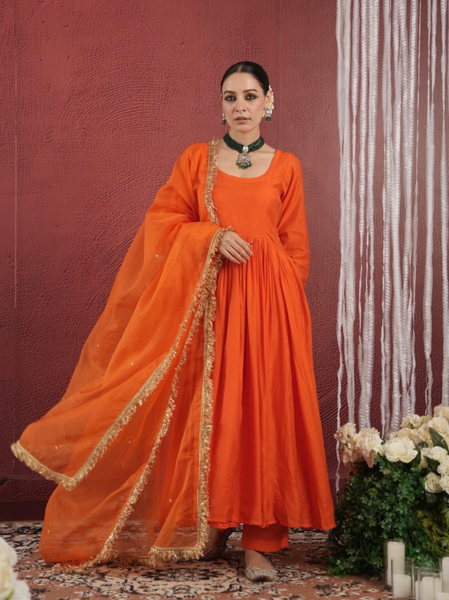 Chaand Orange Chanderi Aariwork Anarkali Suit Set