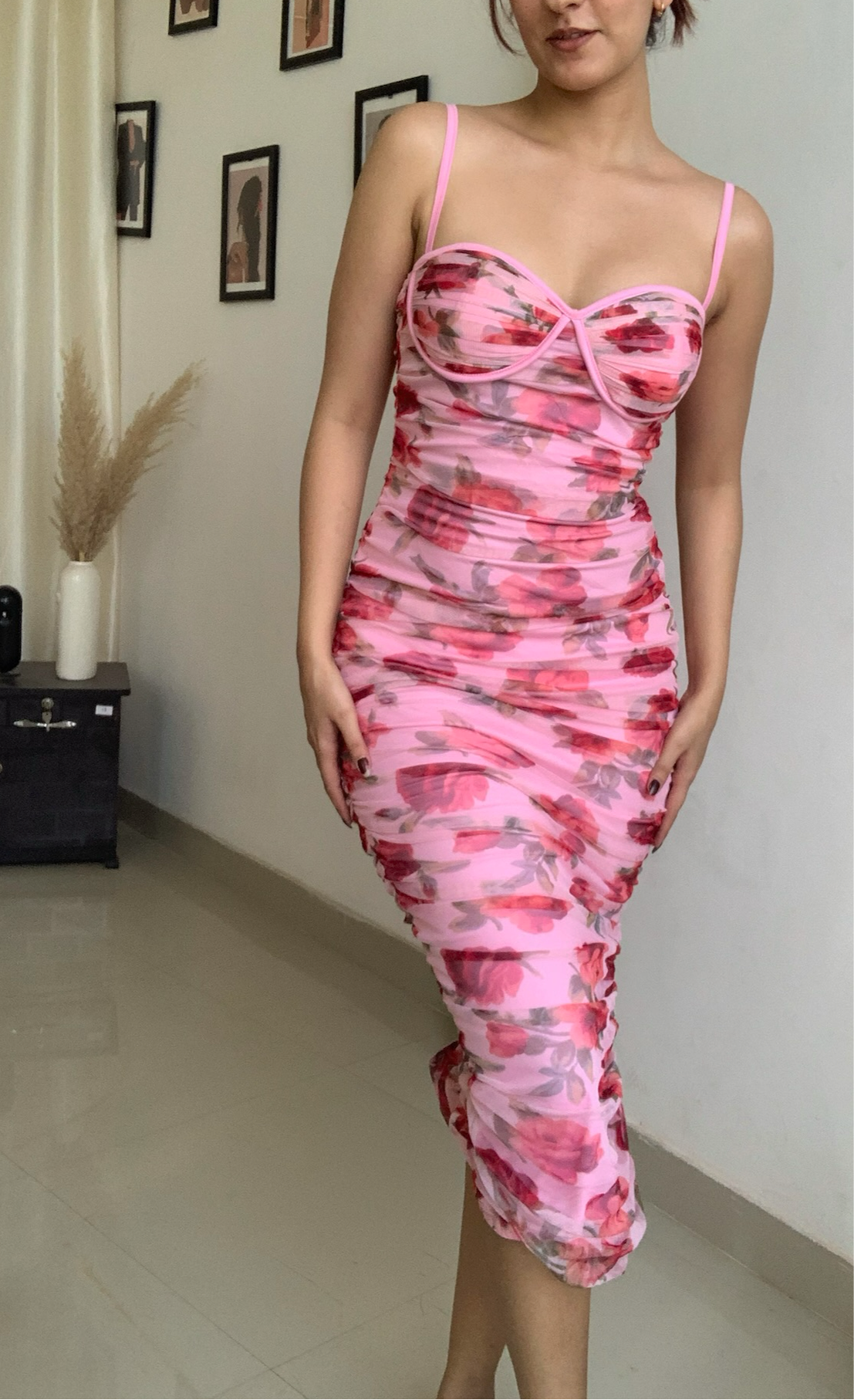 Rosy Ruched Floral Pink Dress
