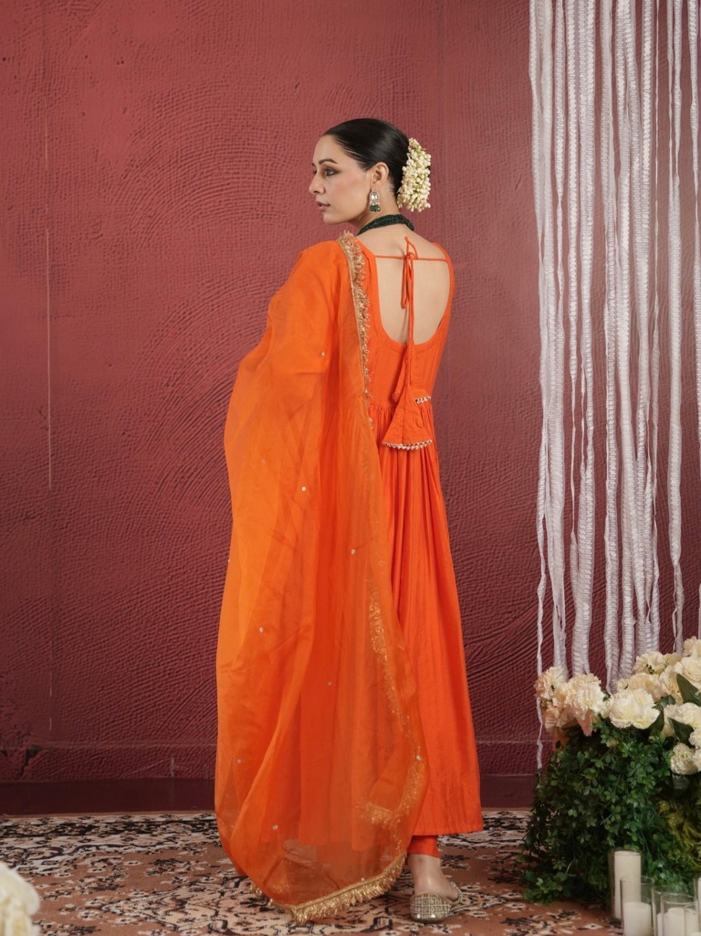 Chaand Orange Chanderi Aariwork Anarkali Suit Set