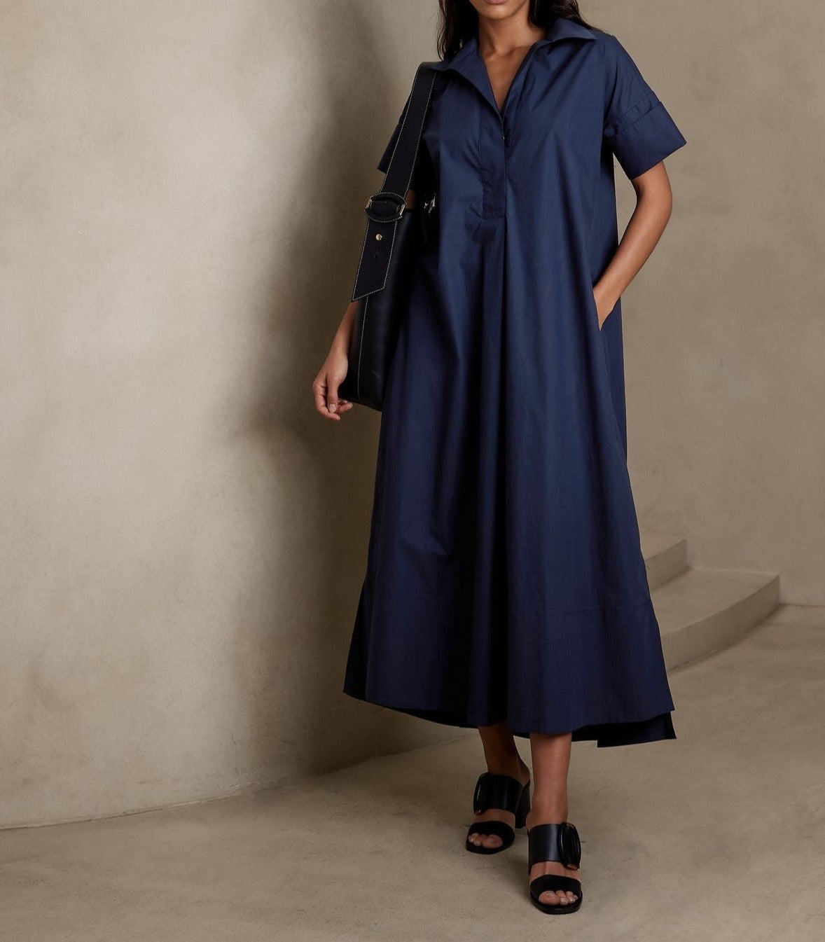 Navy Collared Midi Dress