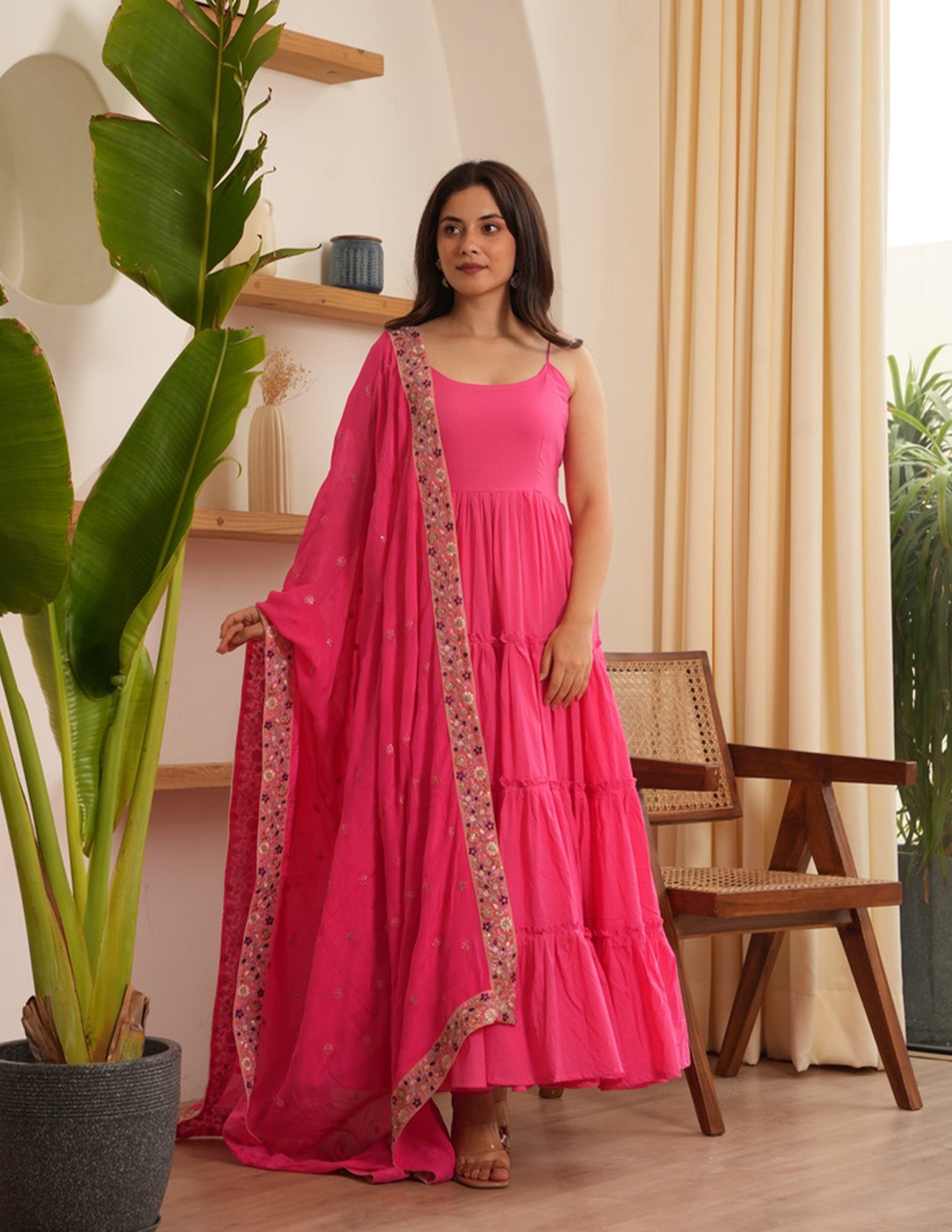 Ariel Pink Cotton Flare Anarkali Set with Sequin Work Dupatta