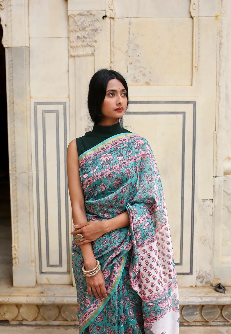 Daisies Through My Window - Hand Block Print Chanderi Silk Saree