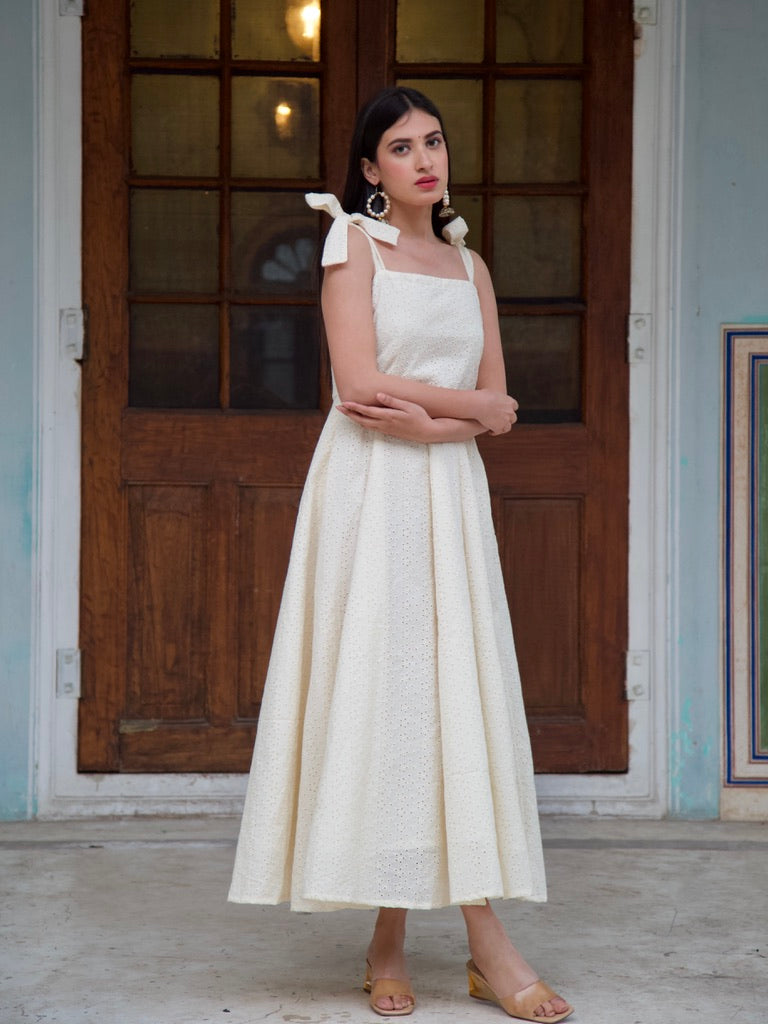 Areena White Chikan Dress