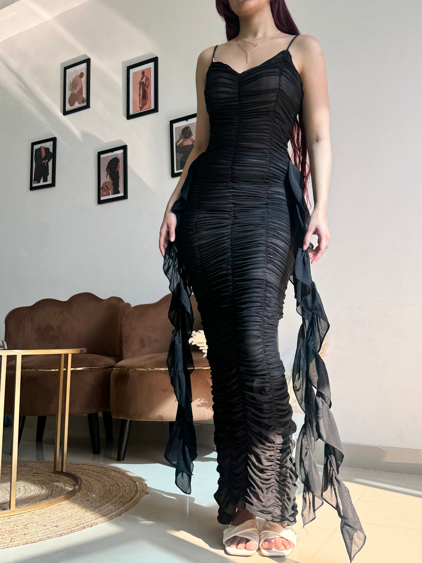 Black Strappy Side Ruffle Dress