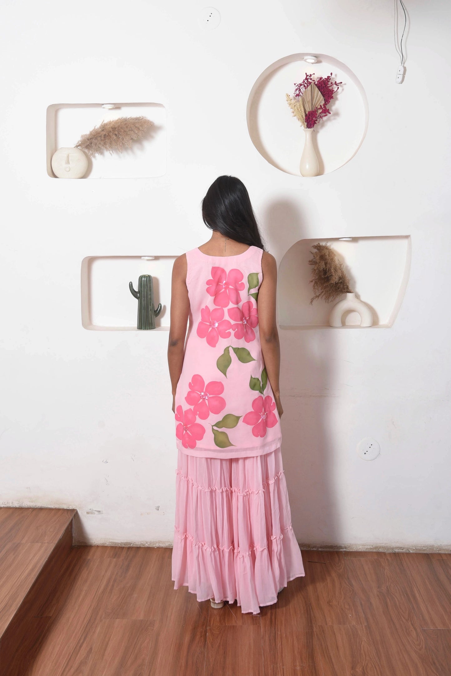 Handpainted Flora Georgette Sharara Set in Pink