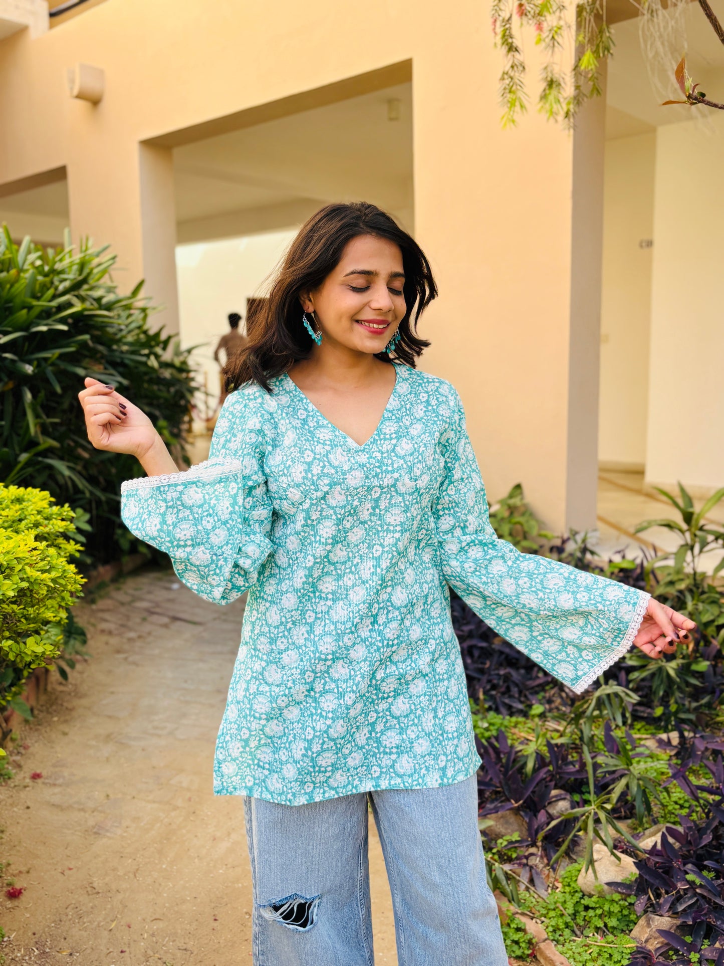 Meher Sky Blue Handblock Print Kurti