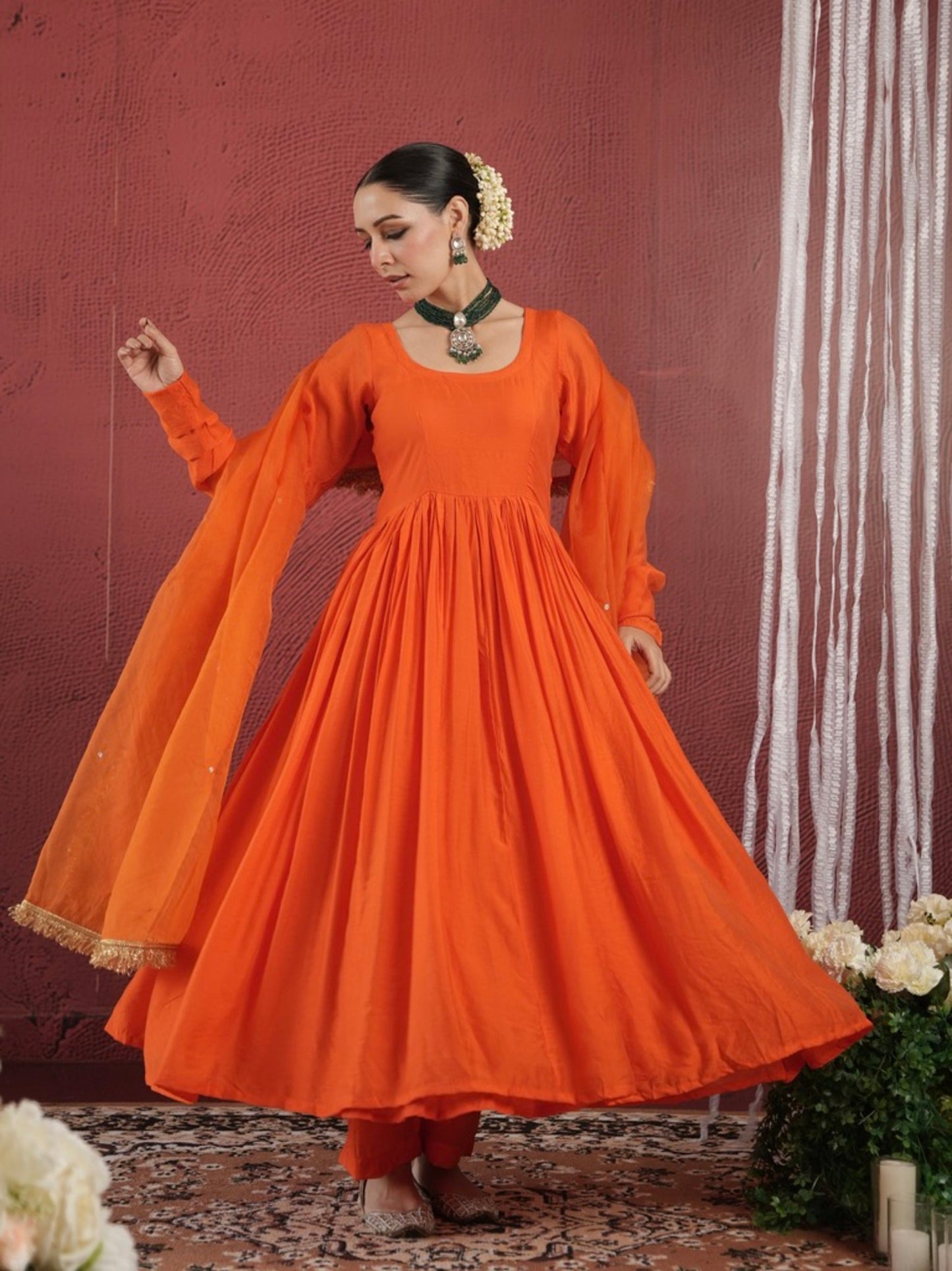 Chaand Orange Chanderi Aariwork Anarkali Suit Set