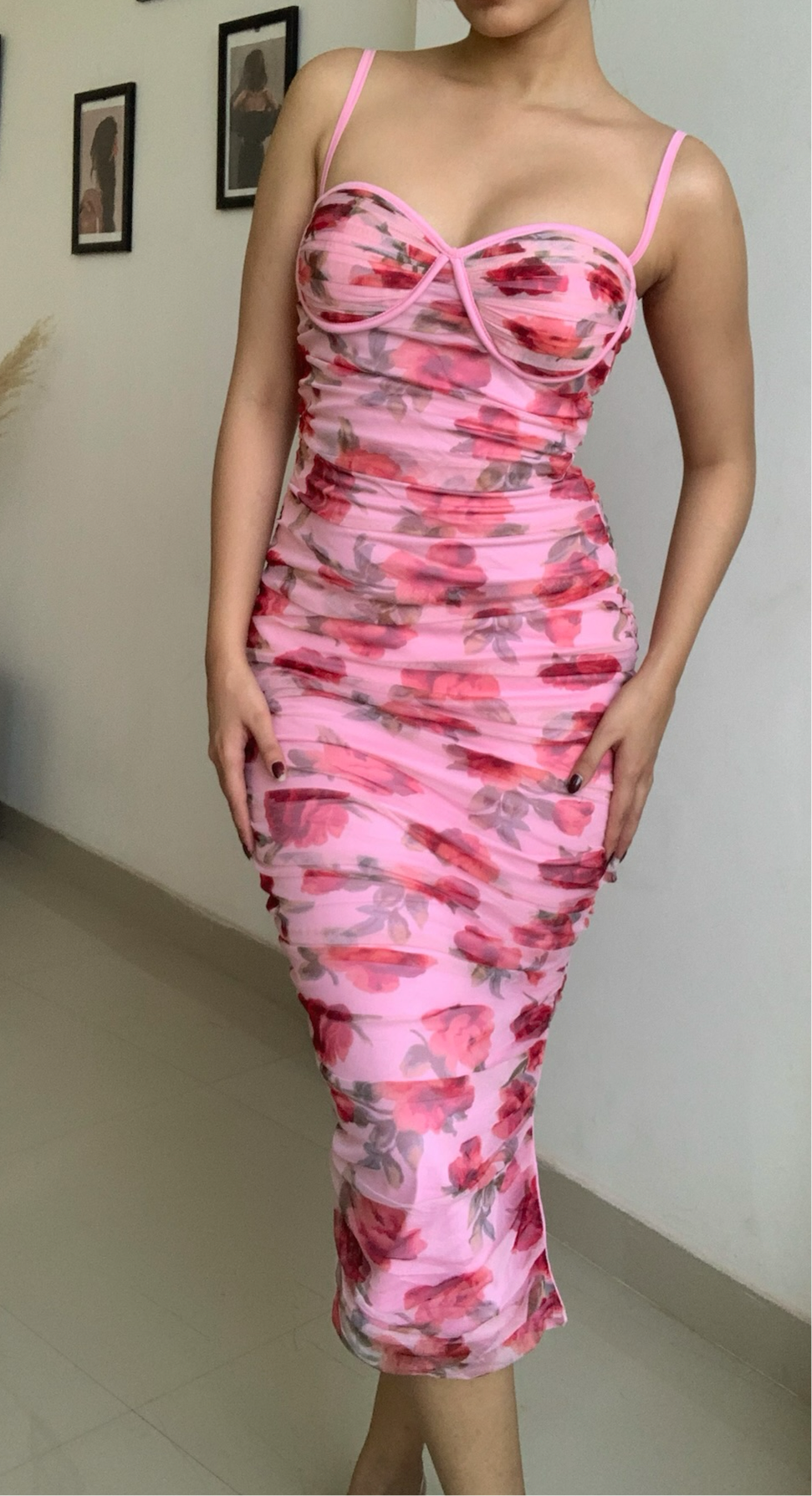 Rosy Ruched Floral Pink Dress