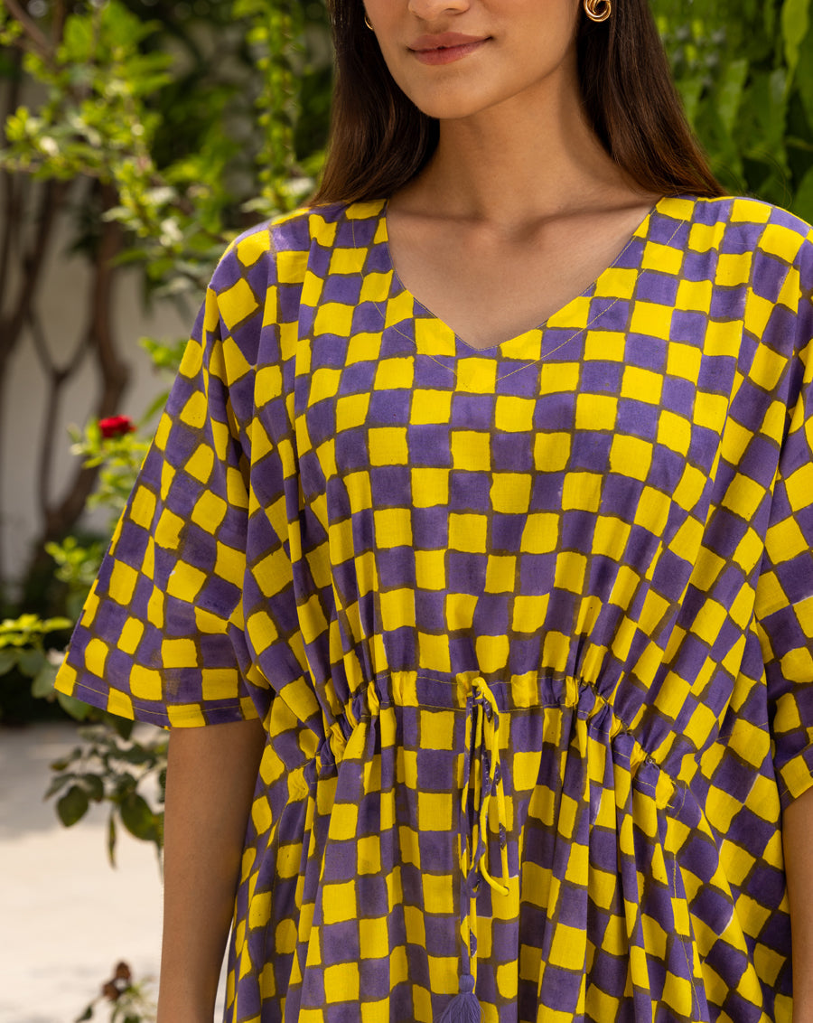 Chequer Hand Block Printed Cotton Kaftan