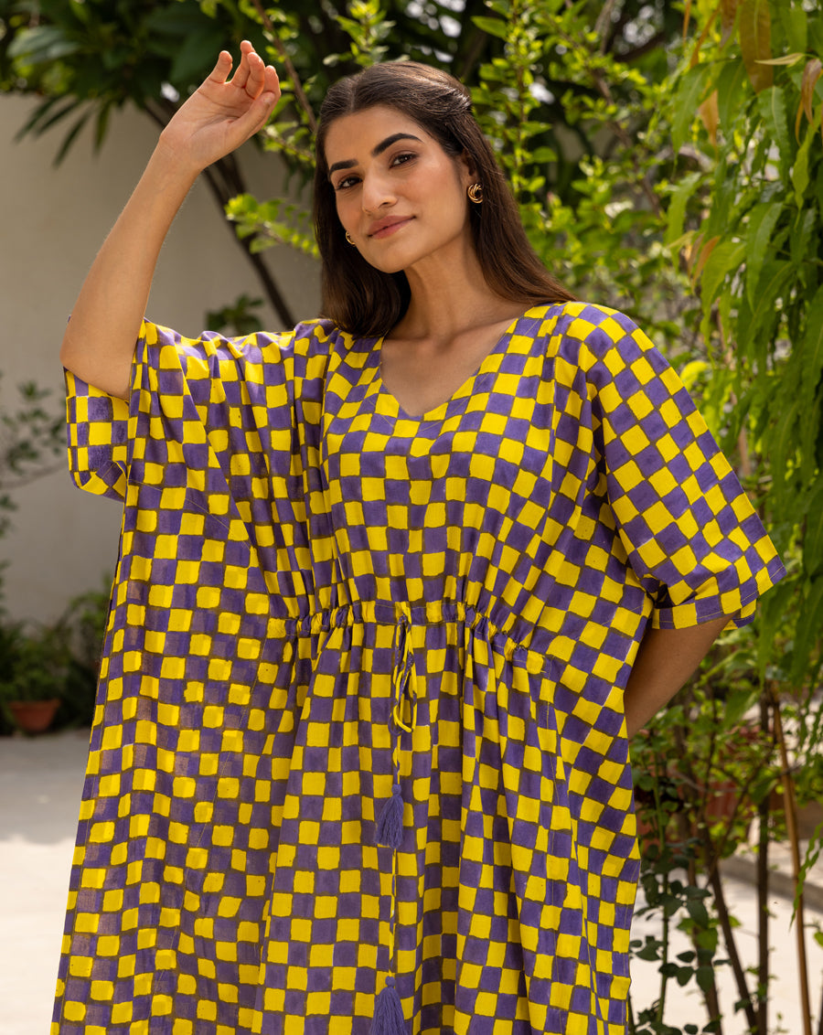 Chequer Hand Block Printed Cotton Midi Kaftan